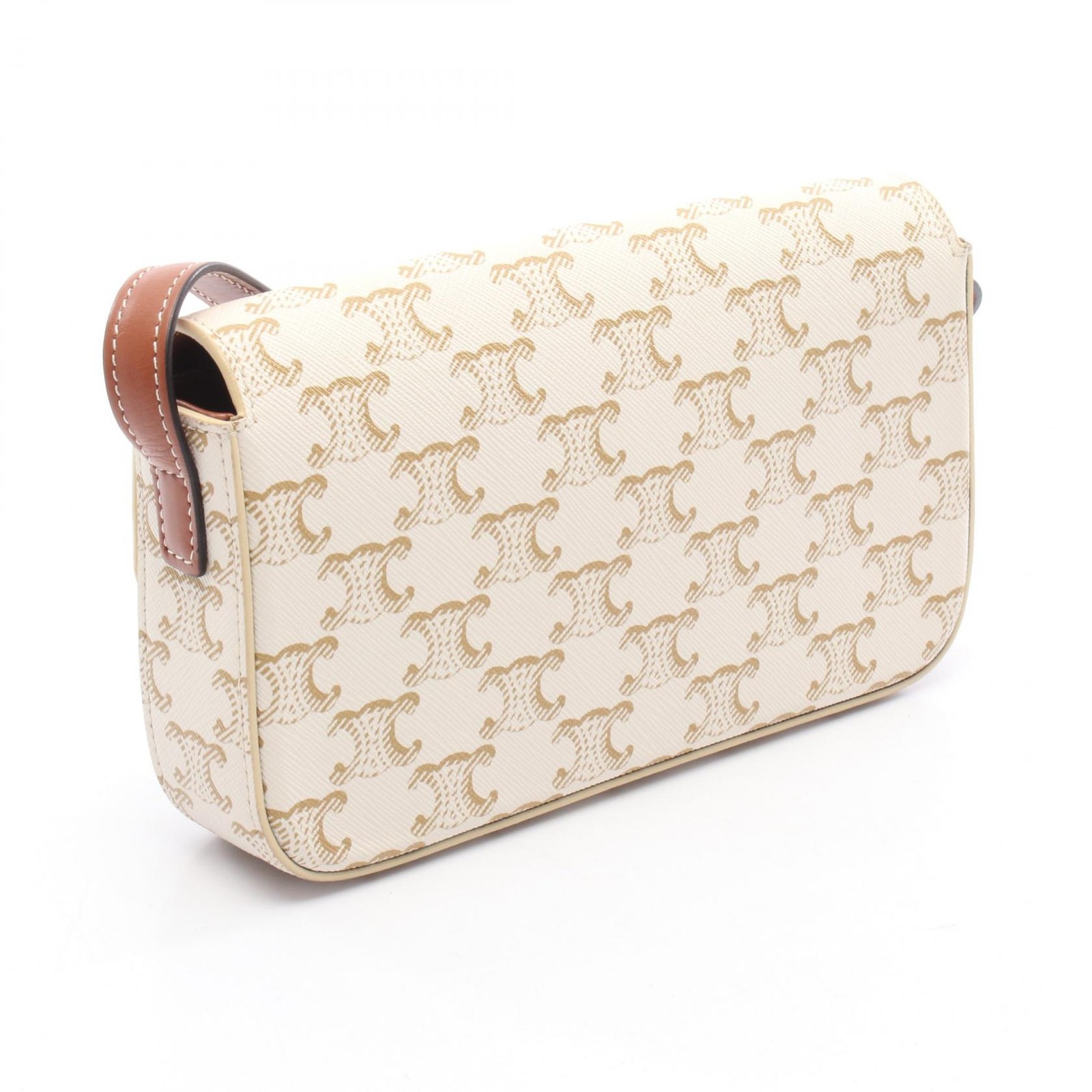 CELINE Claude Triomphe Shoulder Bag Canvas Leather White Brown Used