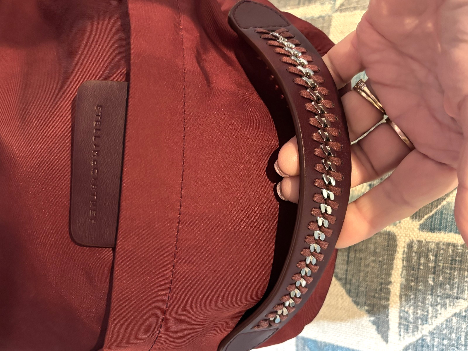 STELLA MCCARTNEY Falabella Backpack Burgundy Nylon Chain Trim Designer Bag