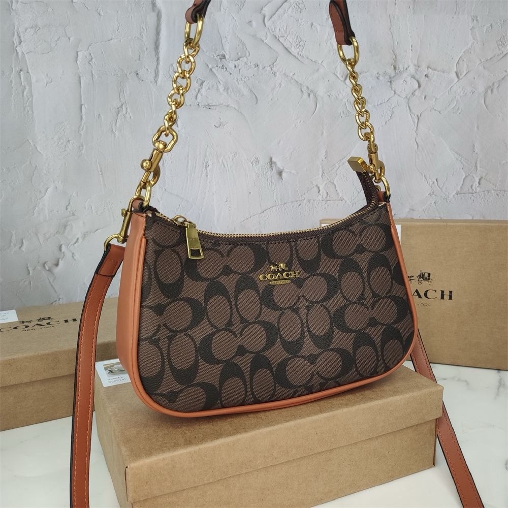 Coach Signature Logo Crescent Zip Shoulder Bag Brown Tan Gold Hardware Strap