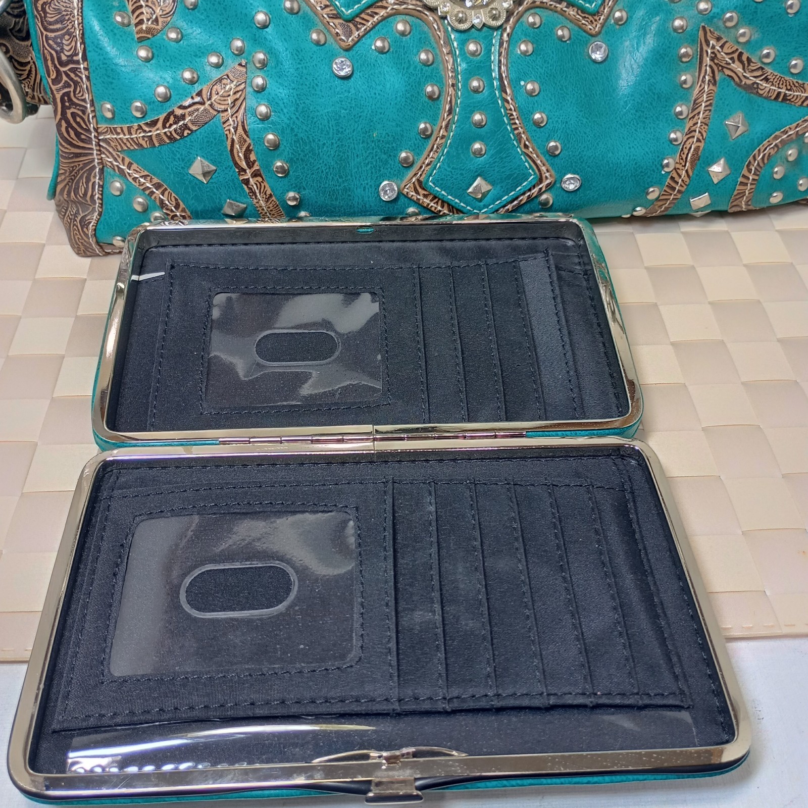 BHW Cowgirl Turquoise-Rhinestone-Cross- Shoulder Handbag with Decorative Wallet
