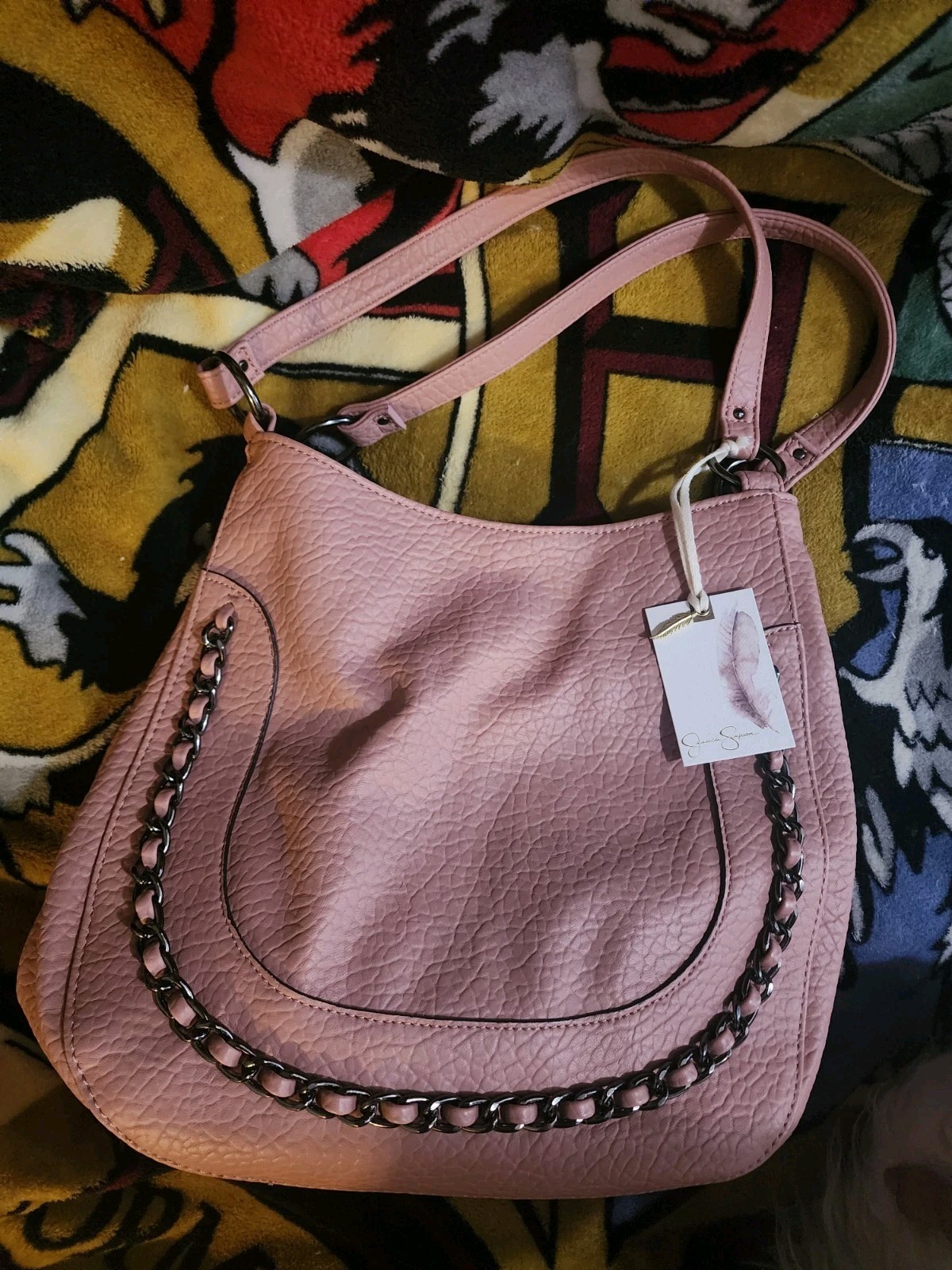 Pink Pebbled Shoulder Bag Chain Accent Adjustable Strap Inner Pockets Lined
