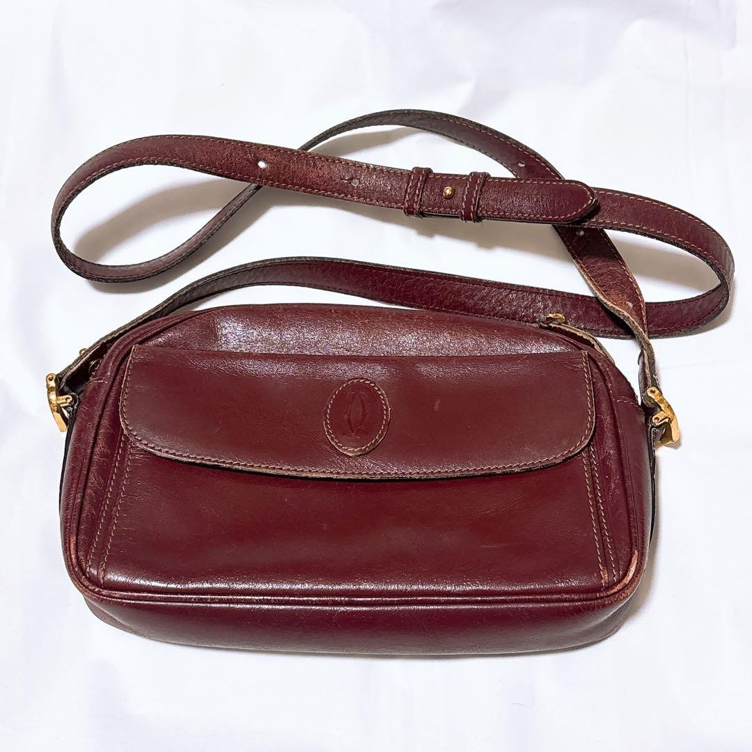 Cartier Burgundy Leather Shoulder Bag Gold Hardware Oval Stitched Logo Authentic