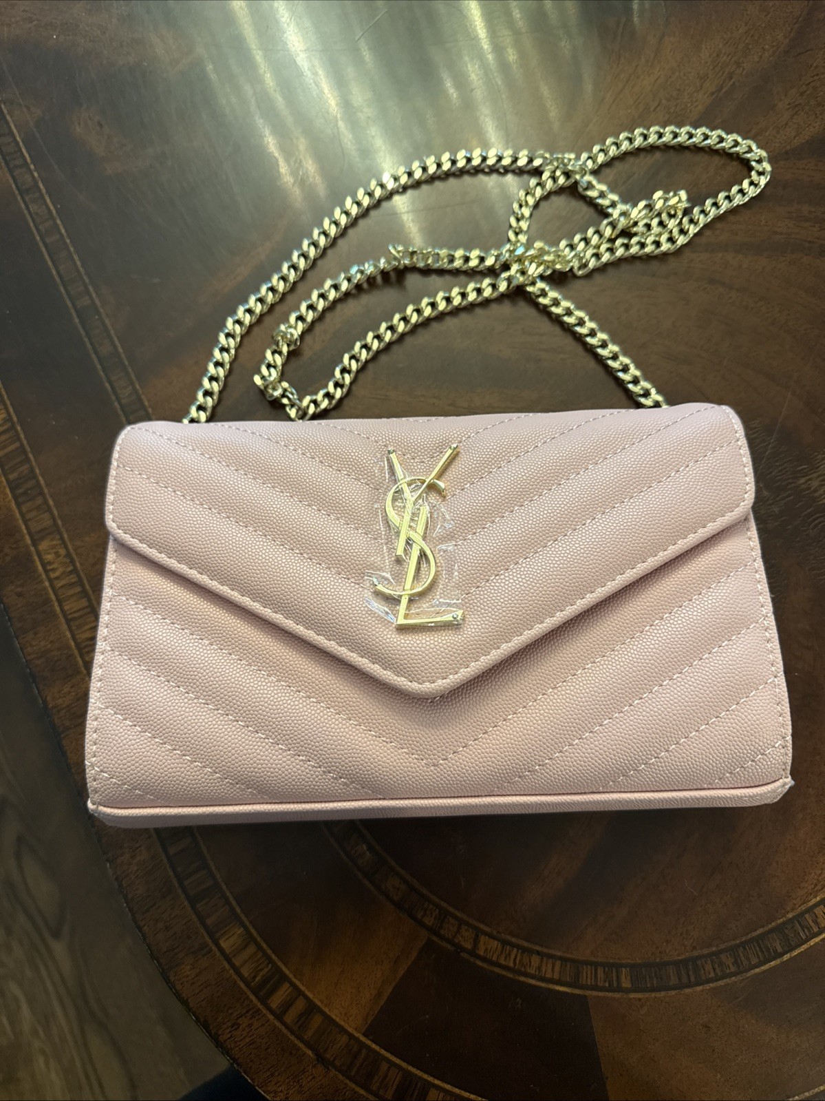 Pink Leather Purse With Gold Hardware And Chain NWT