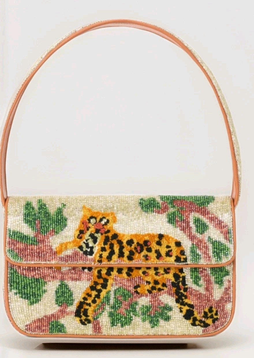 NEW Staud Tommy Beaded Shoulder Bag in Jungle Leopard Meow