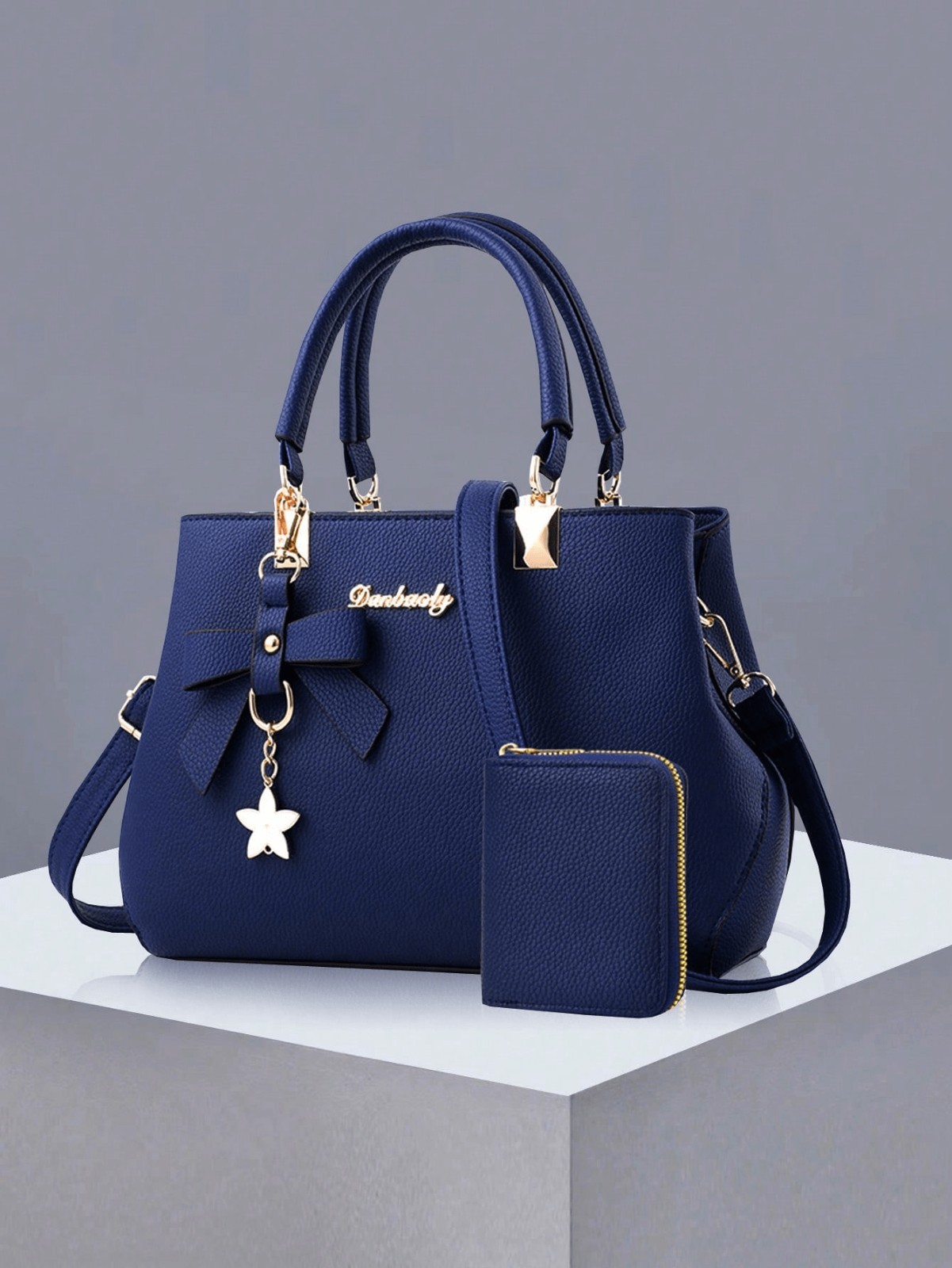 PLANEE Women’s PU Leather Handbag & Card Holder Set | Bow Pendant Tote Bag