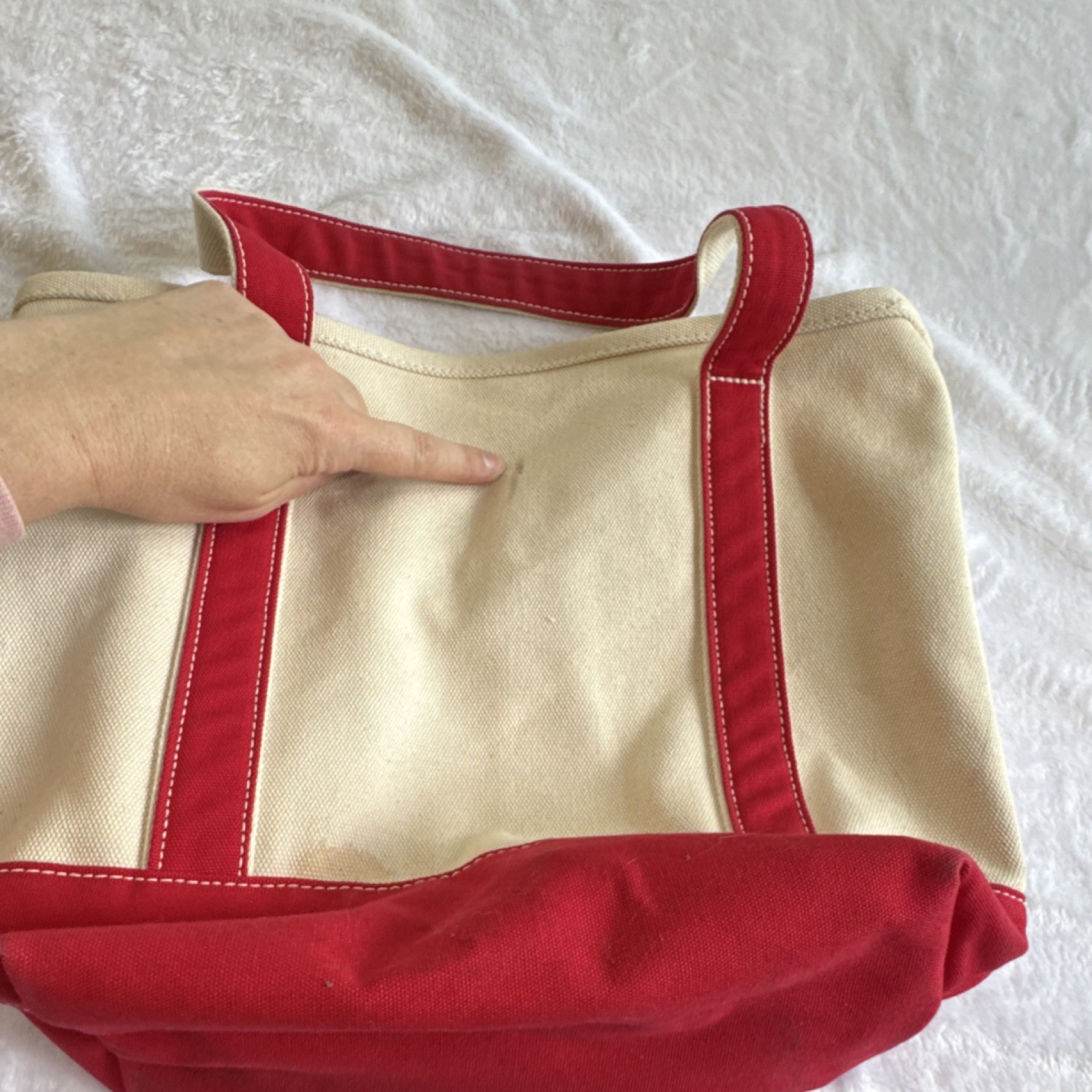 Lands’ End Beige Red Colorblock Tote Large Double Handles Key Holder Pockets