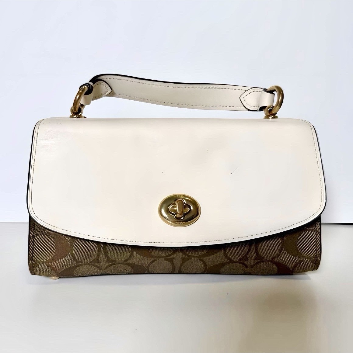 Coach Brown Monogram Satchel Top Handle Bag Turn Lock Gold Hardware Strap