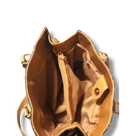 Women’s Brown Lock & Key Charm Gold Hardware Multi-Compartment Shoulder Bag