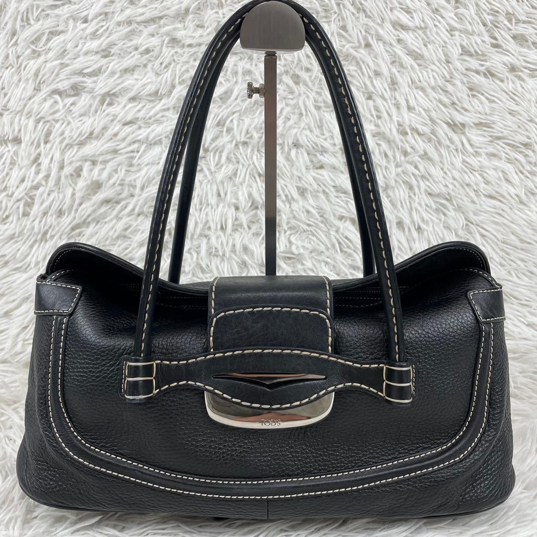 Tods Black Pebbled Leather D Bag Shoulder Tote Bag Italy Silver Hardware 38cm