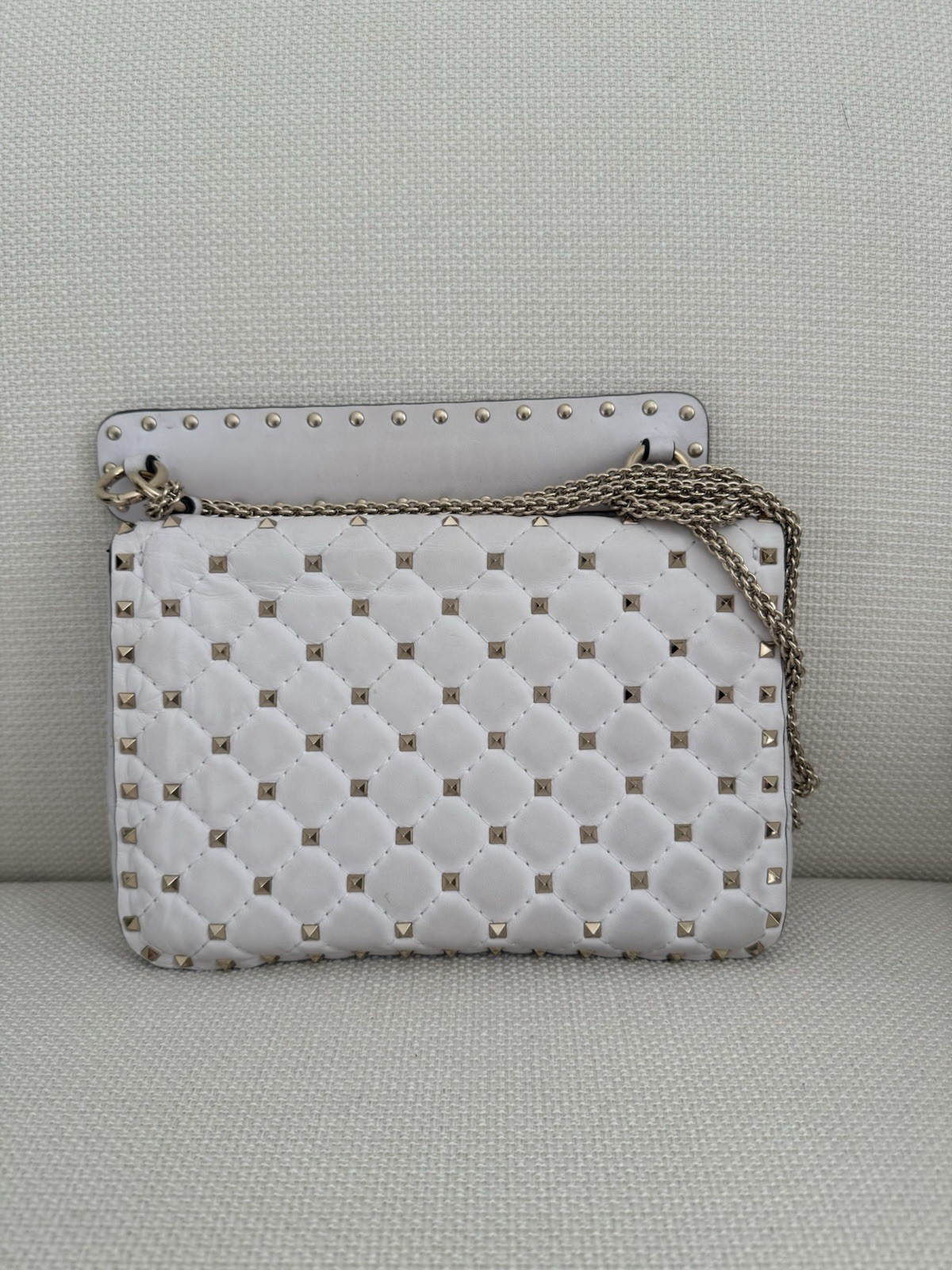 Valentino Garavani White Quilted Studded Flap Shoulder Bag Gold Chain Medium