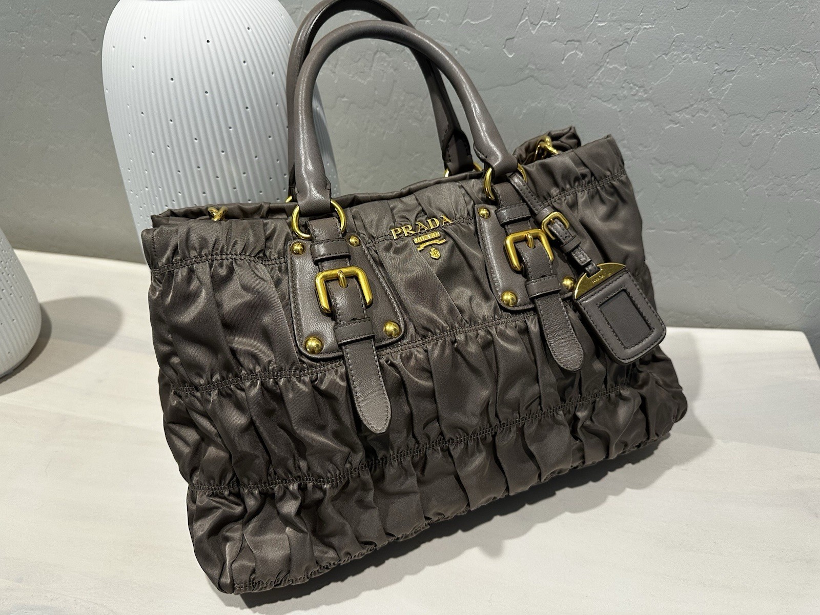 PRADA Gray Ruched Satchel Top Handle Bag w/ Detachable Strap Gold Hardware