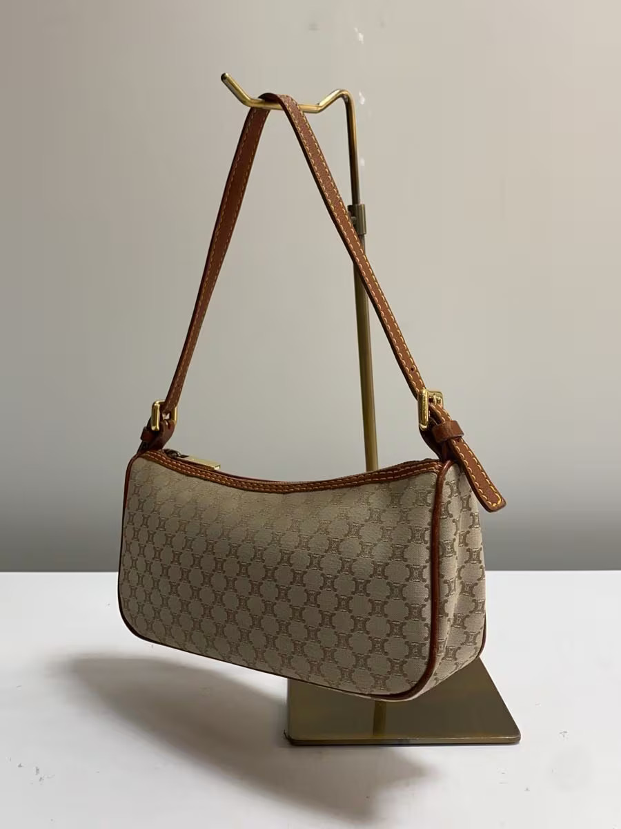 CELINE Macadam Pattern Handbag Canvas BEG Allover