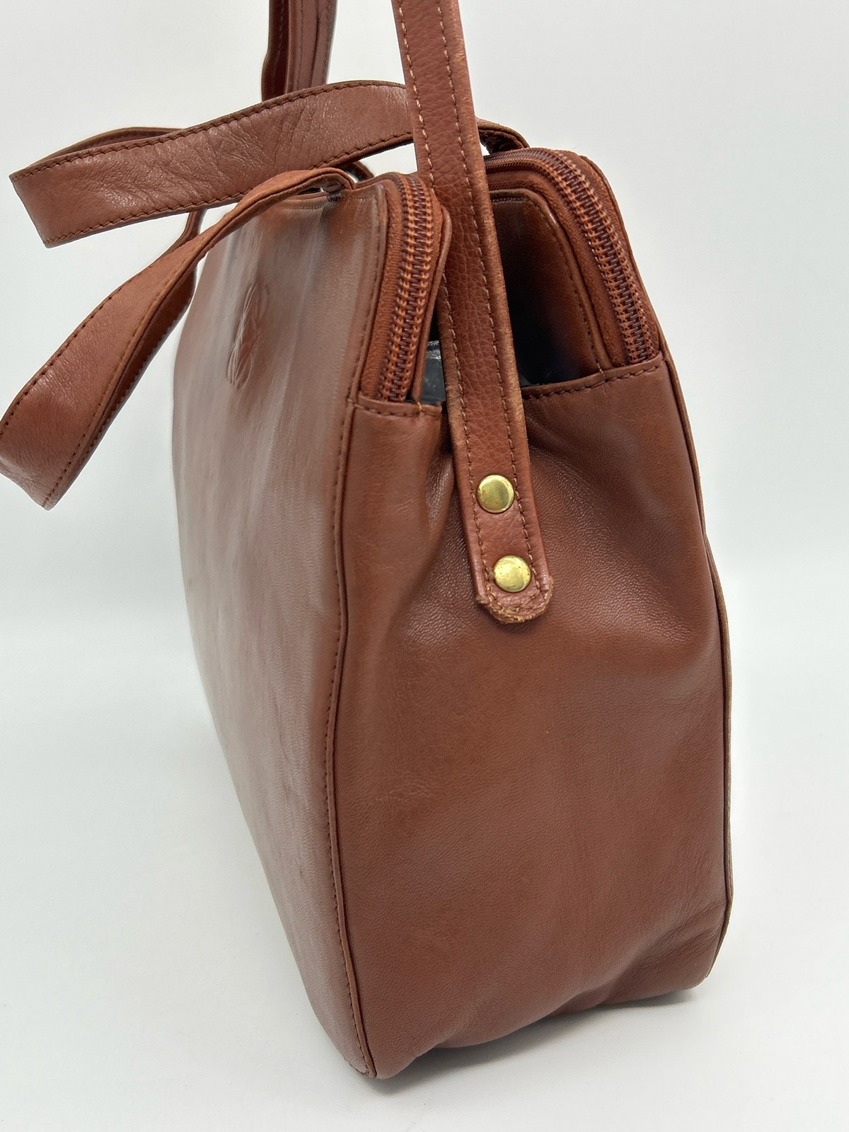 LOEWE Brown Women Vintage Anagram Lambskin Buttery Soft Leather Satchel Tote