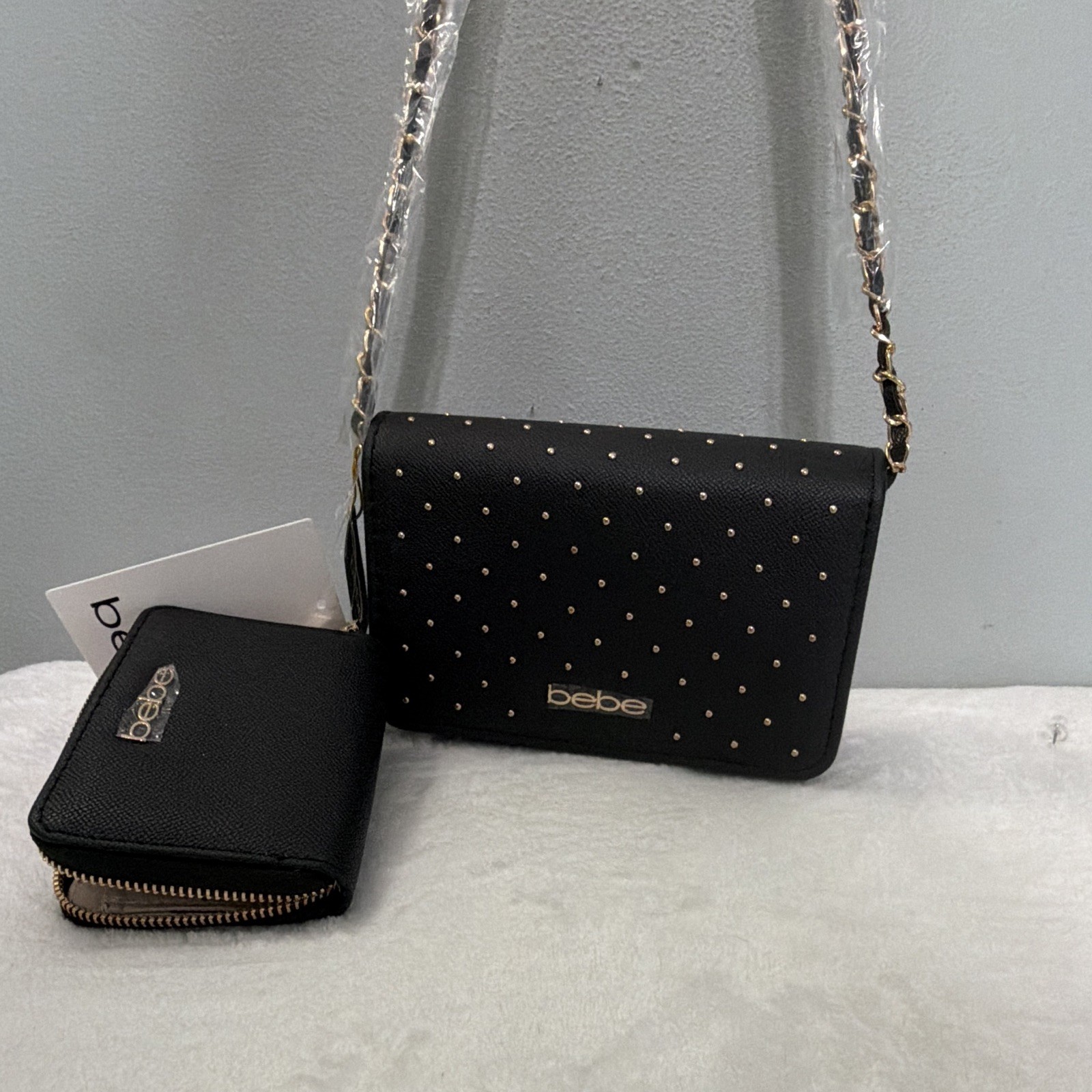 bebe Black Studded Crossbody Bag w/ Gold Chain Strap & Matching Zip Wallet