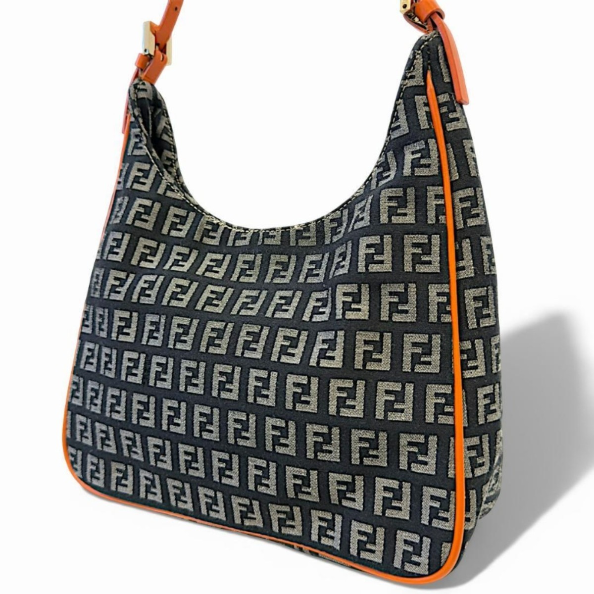 FENDI Zucchino FF Monogram Mini Hobo Shoulder Bag Navy Orange Leather Vintage