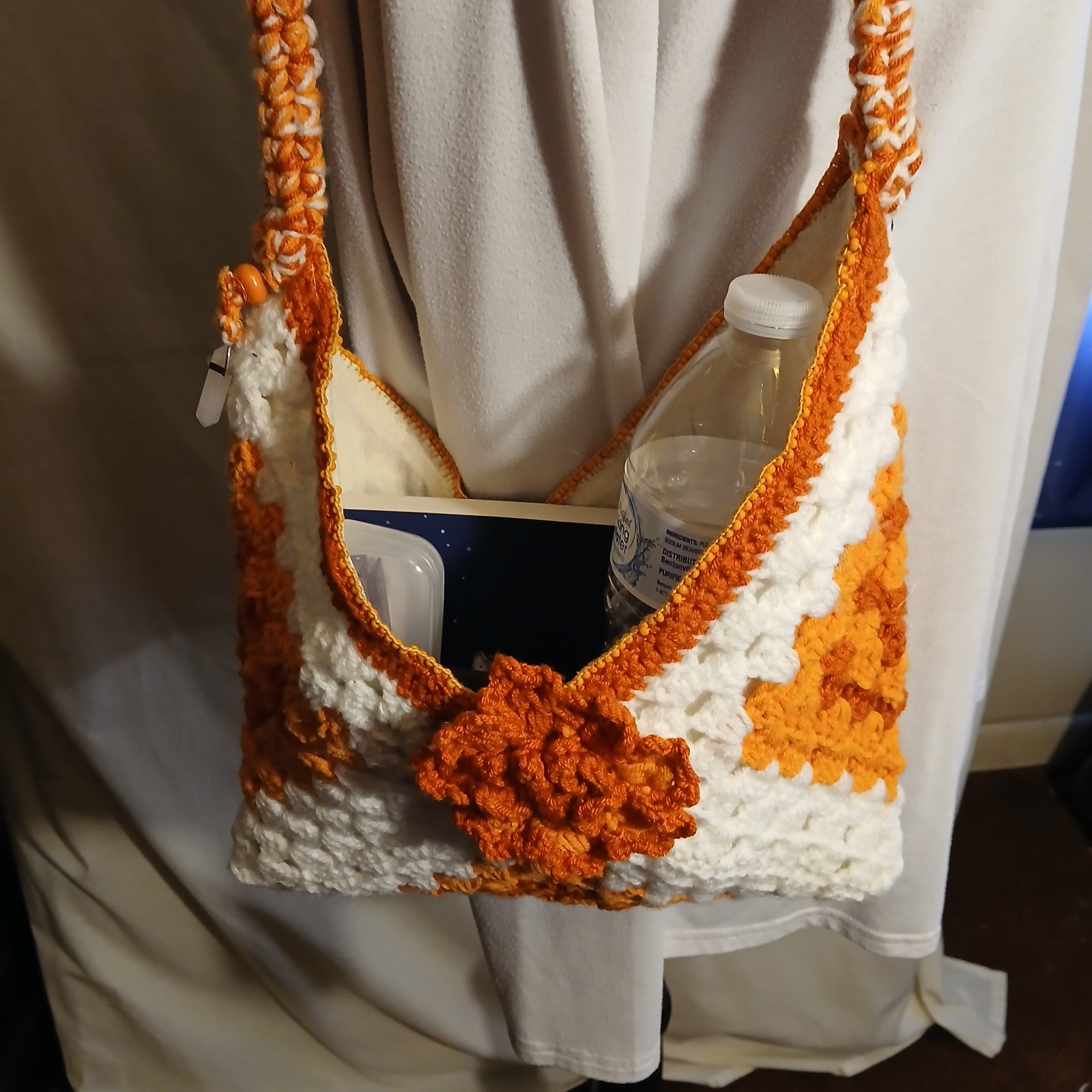 White & Orange Ombre Crochet Shoulder Bag w. inside pocket Handmade Cottagecore