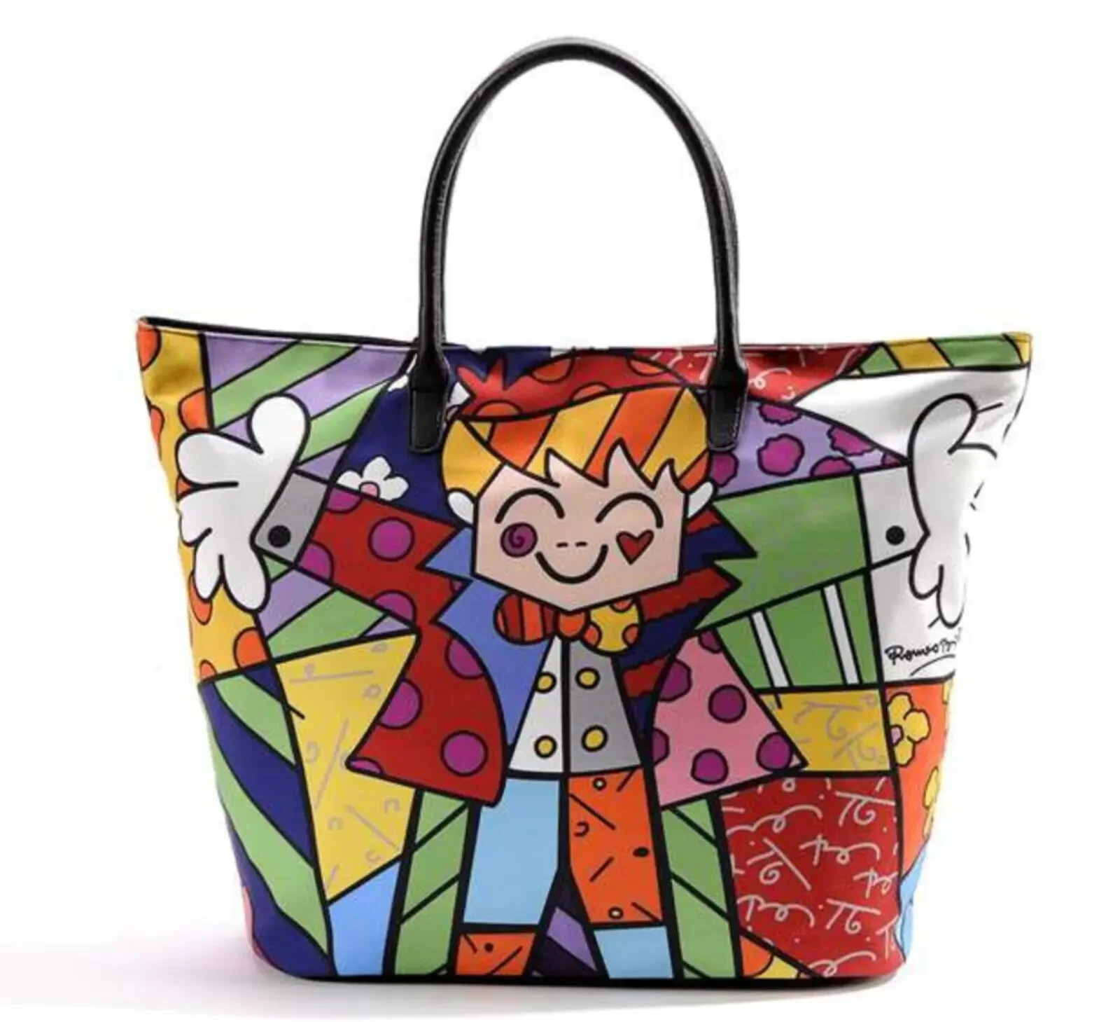ROMERO BRITTO Tote Bag HUG Illustrated Pop Art Lined Black Double Handle Zip NWT