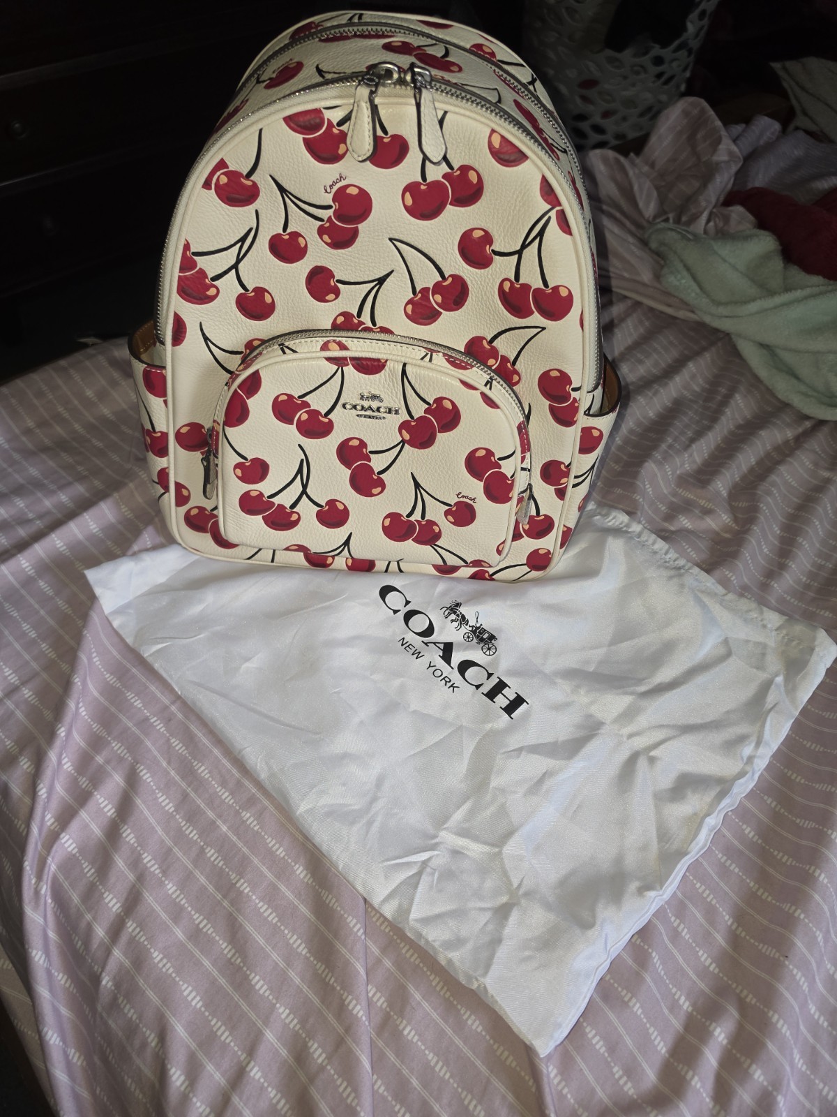Coach Cherry Print Women’s Backpack White/Red/Black Zip, Silver, Dust Bag