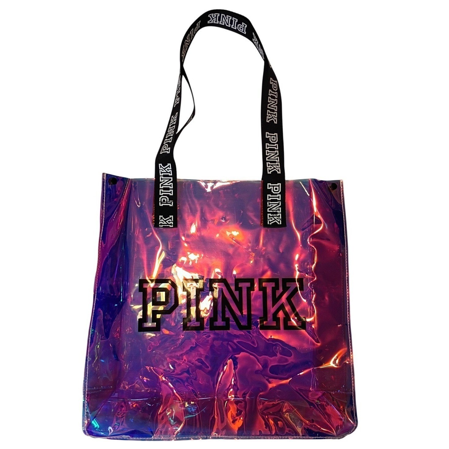 Victoria’s Secret PINK Iridescent Holographic Tote Bag Purple Black Logo Straps