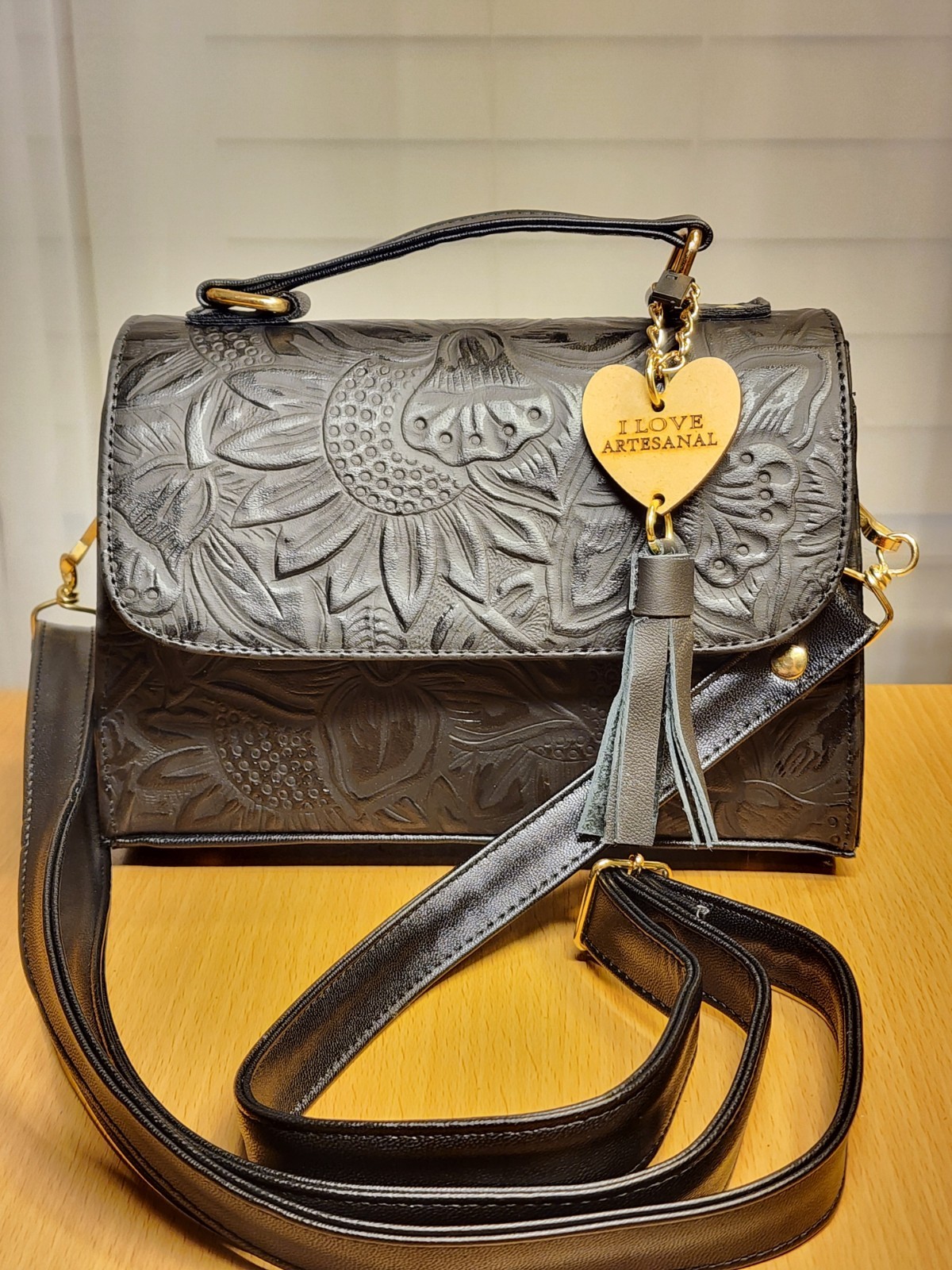 Black Sunflowers Embossed Tooled Artisan Leather Crossbody Handbag Purse
