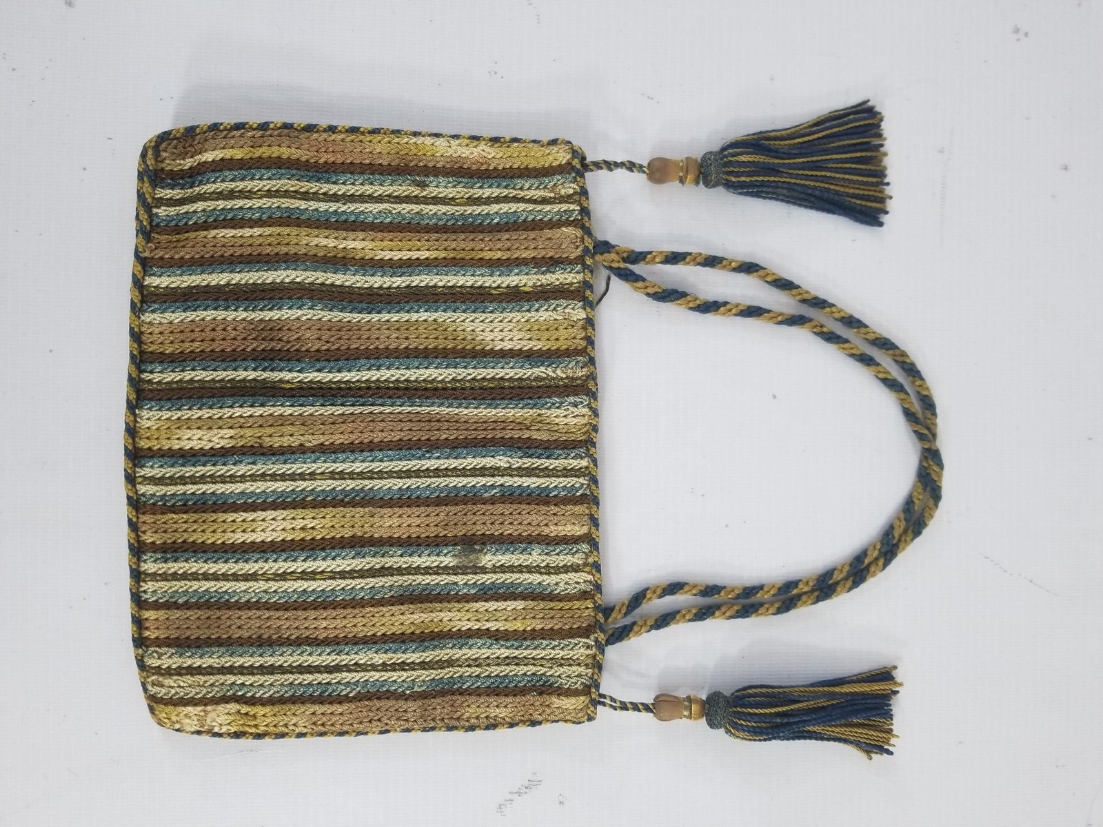 Vintage European Handmade Multicolor Striped Braided Cord Purse 8x7in