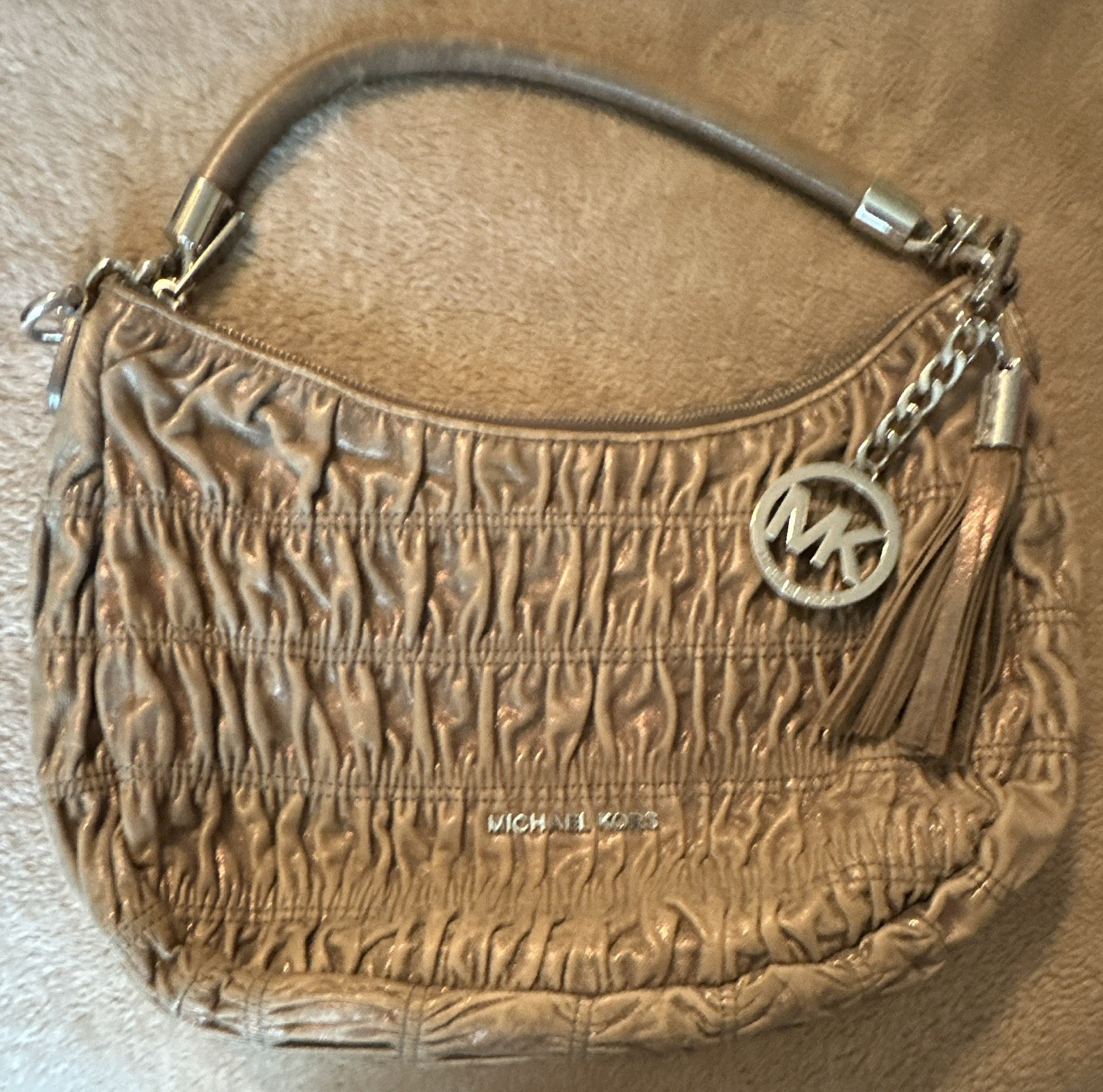 Michael Kors Beige Ruched Zip Shoulder Bag Crescent Tassel Chain Charm.