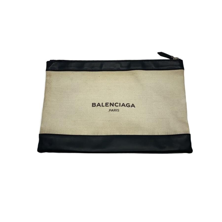 BALENCIAGA White Canvas Zip Pouch Bag Women 12.6in 22cm Auth