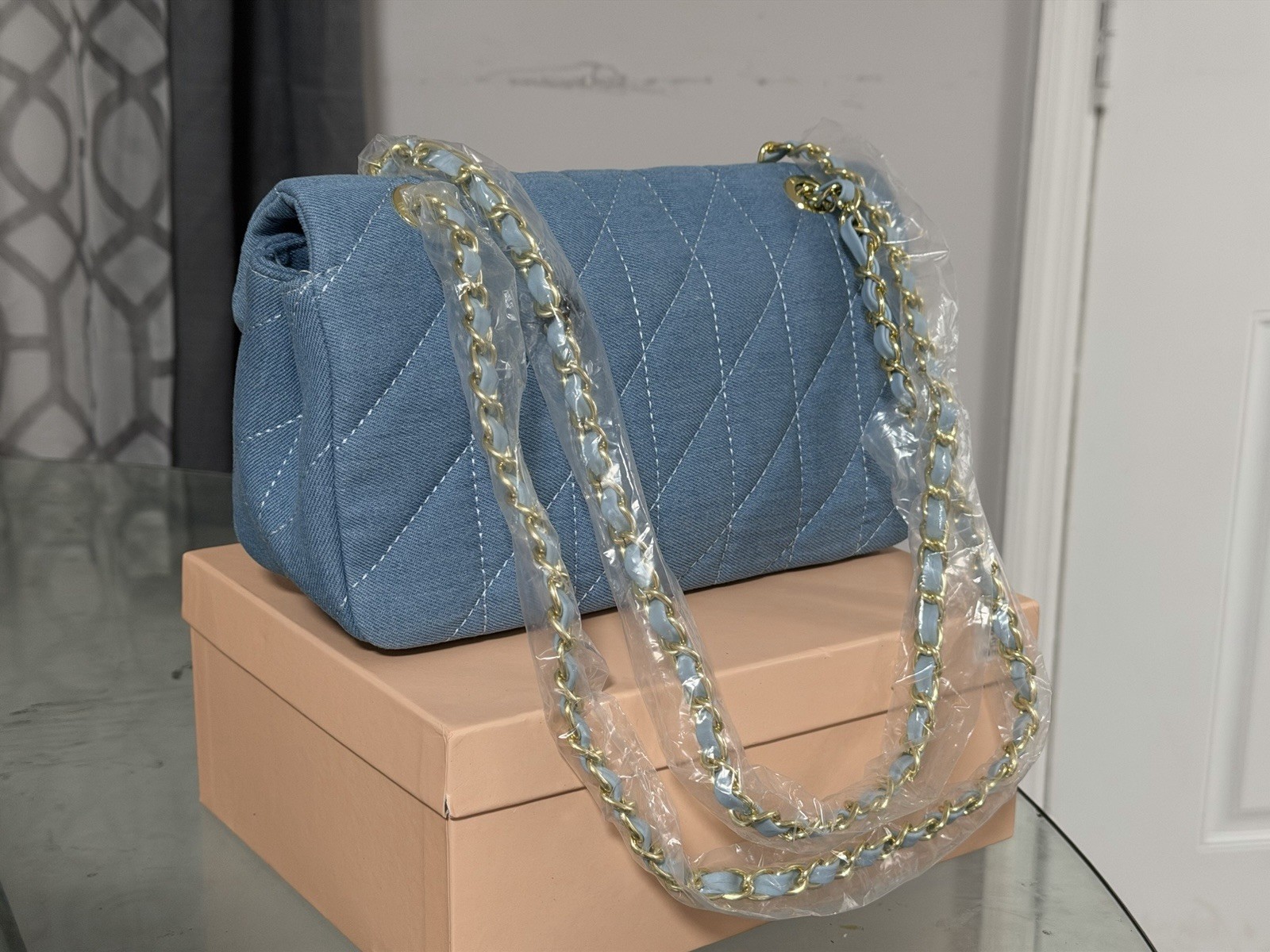 Blue Quilted Small Shoulder Bag Clear Gold Chain Strap Snap Closure