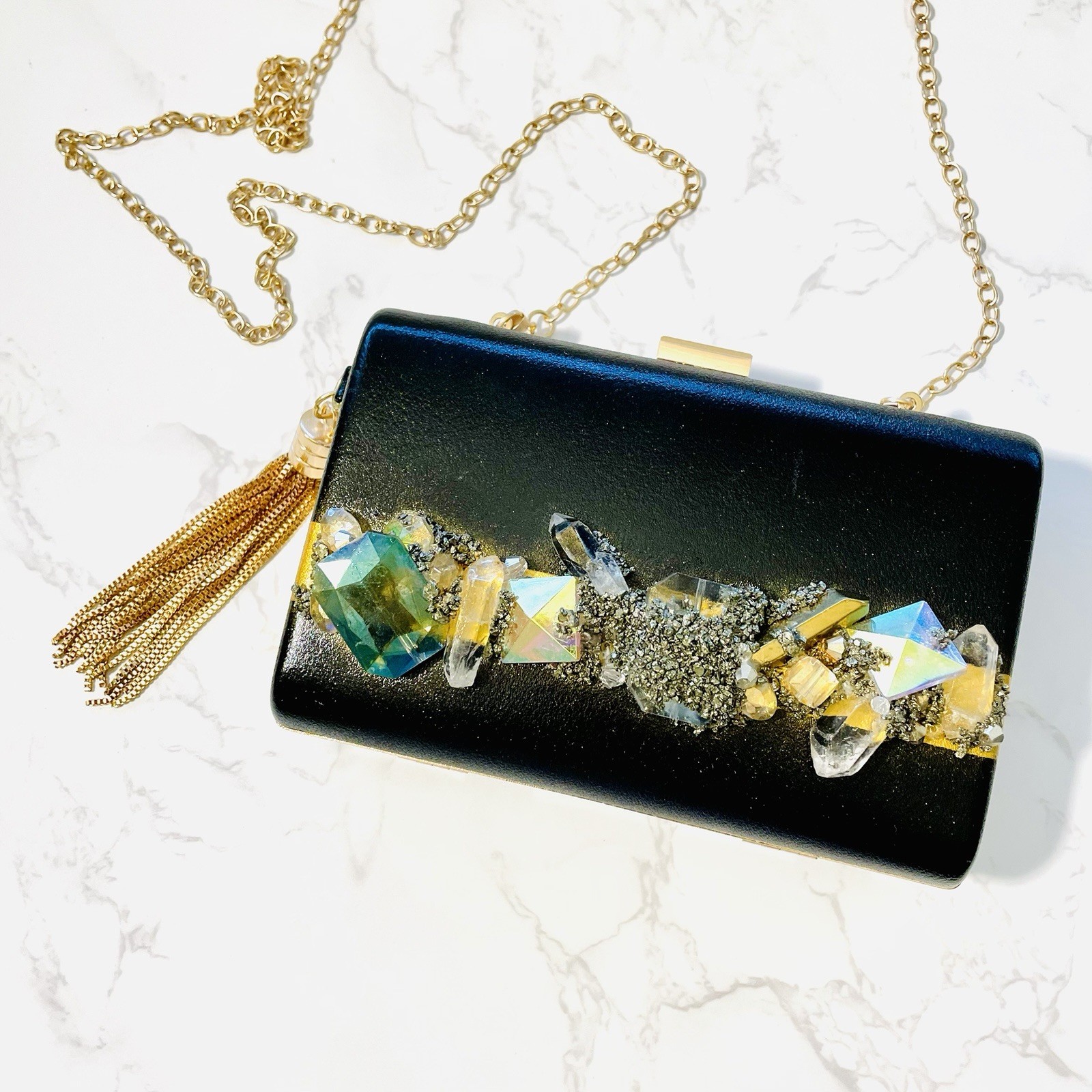 Crystal Quartz Hand Designed Purse Glass Beads Hematite Chain Strap Tassel Charm