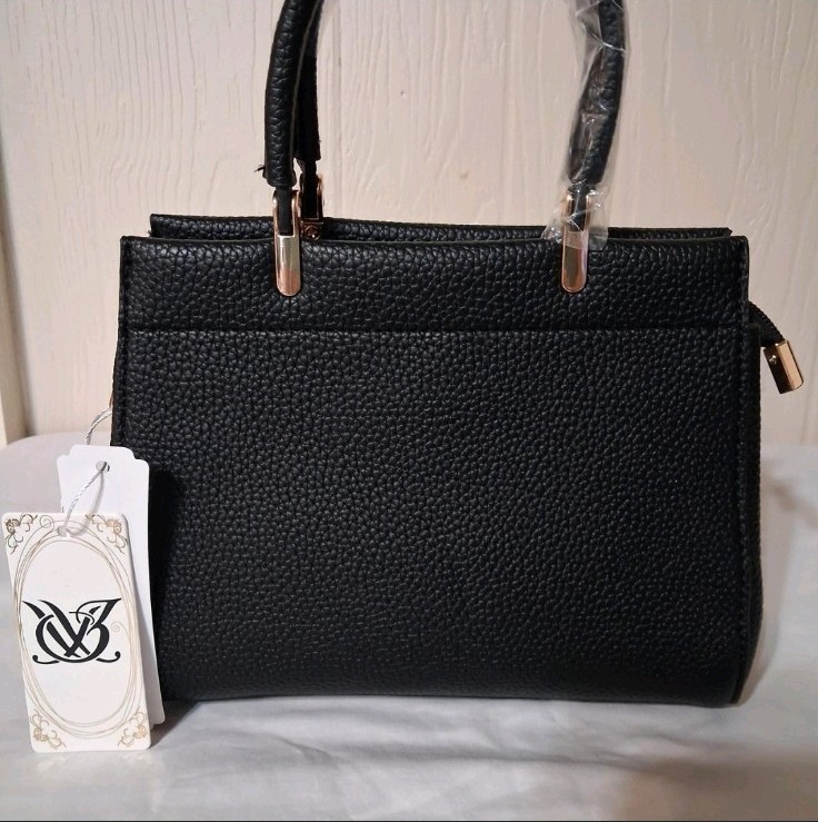 Women’s Black Pebbled Satchel Top Handle Bag Gold Hardware Det Strap