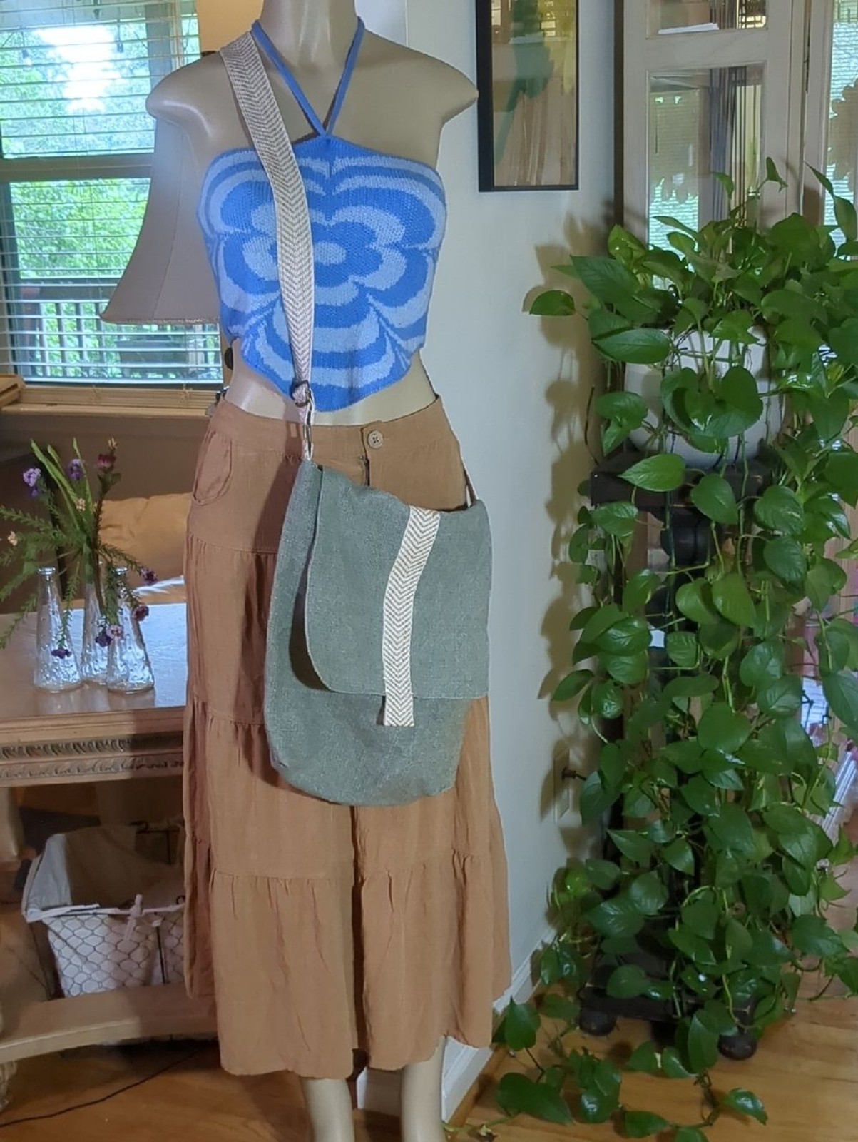Sage Green Canvas Crossbody Bag Boho Festival Chevron Strap Purse