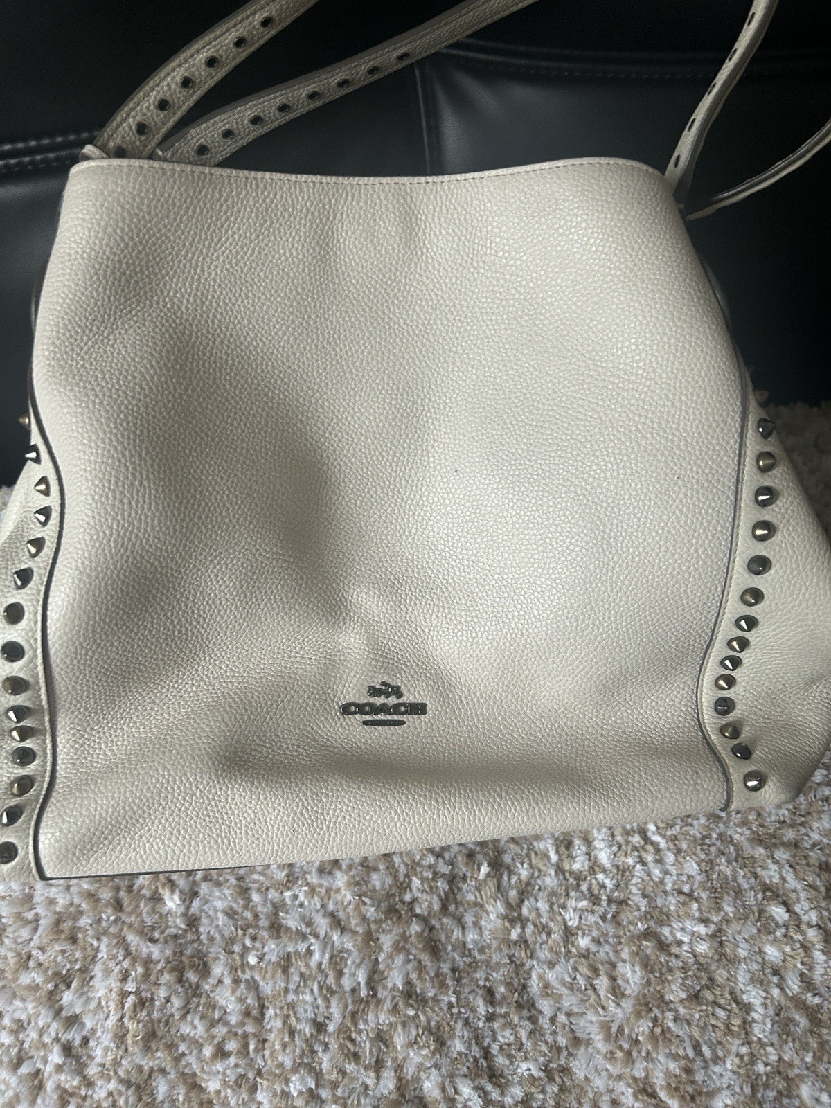 Coach Beige Pebbled Studded Shoulder Bag, Zip Closure, Inner Pockets, Charm