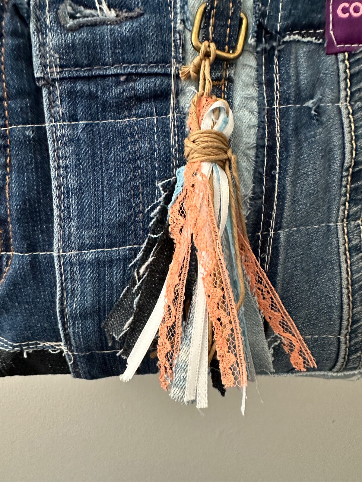 Recycled DENIM Small CROSSBODY bag purse, tassel, handbag *HANDMADE* cat charms
