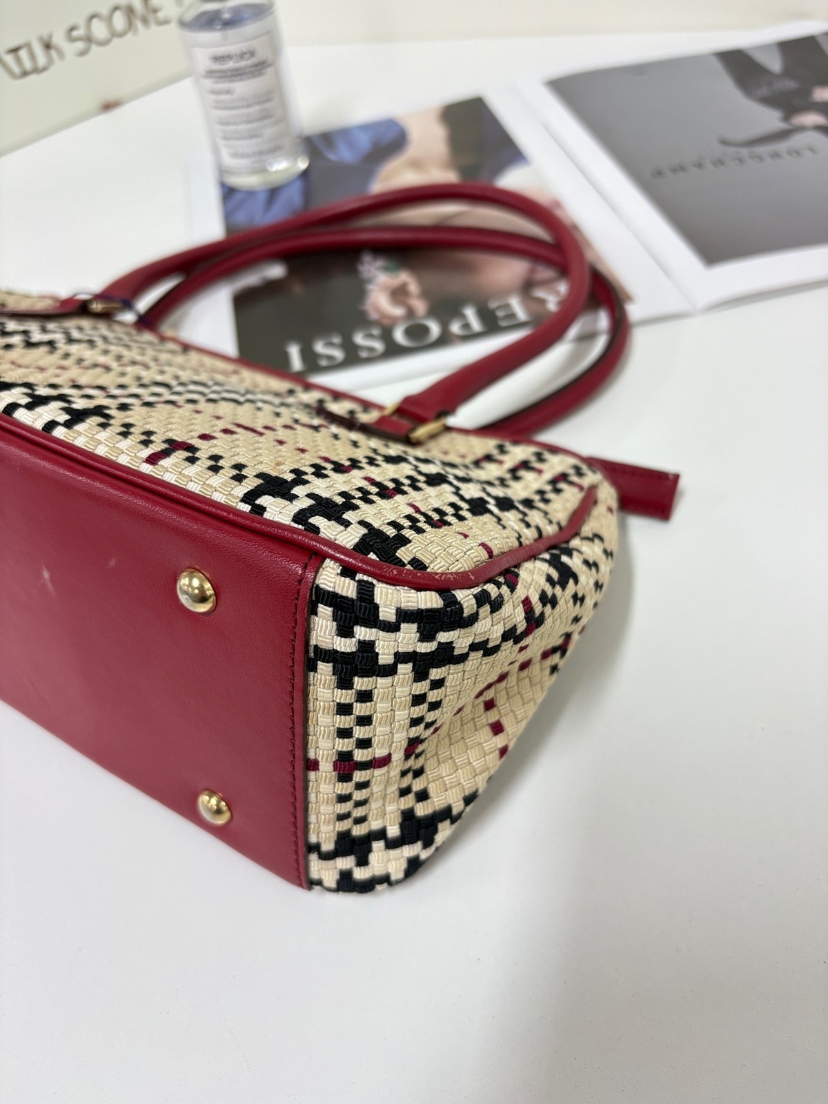 Burberry Horseferry Check Normal Size Beige&Wine Red Woven Leather 2Way Bag Duty