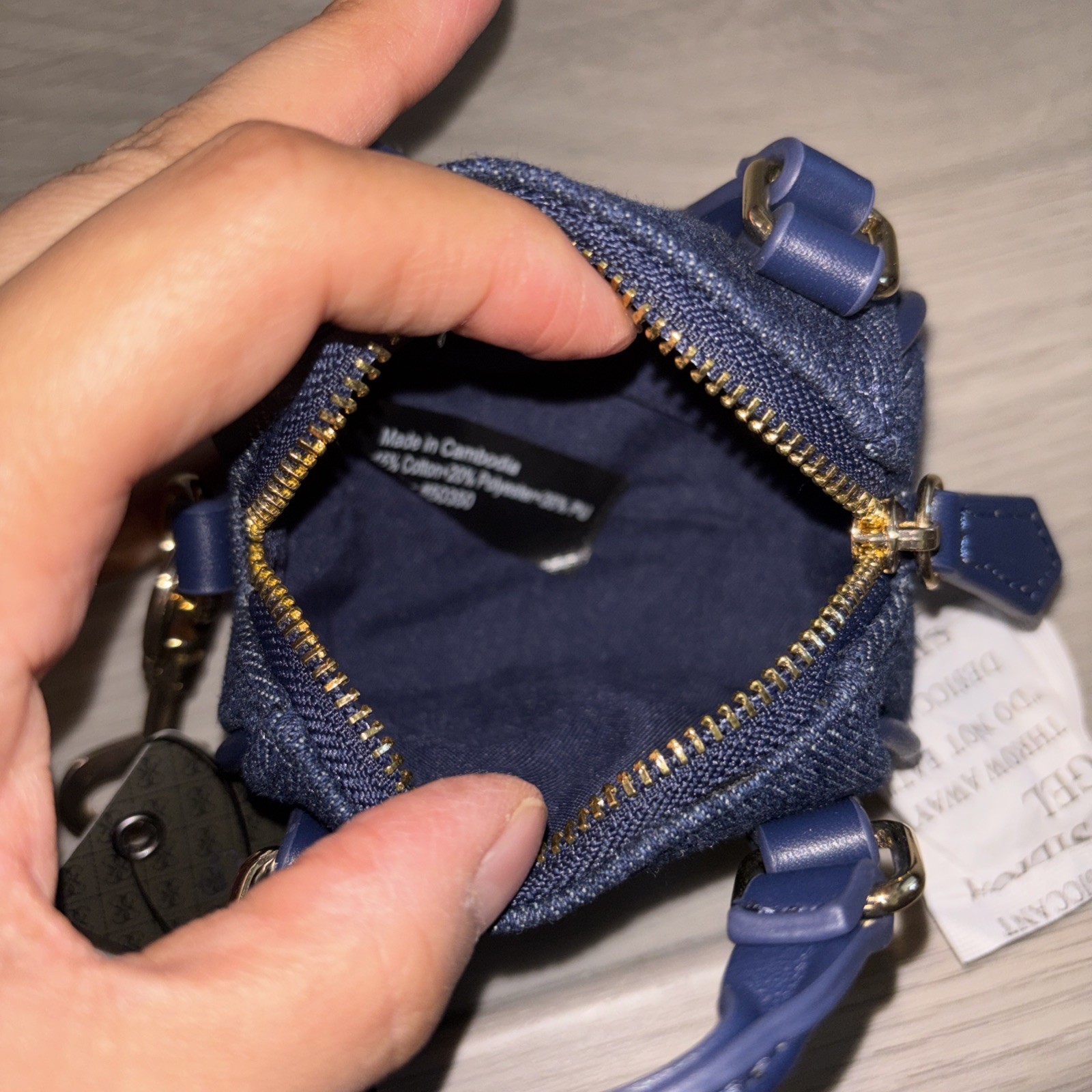 NWT GUESS Micro Bag in blue denim mini bag charm key chain gold hardware keyring