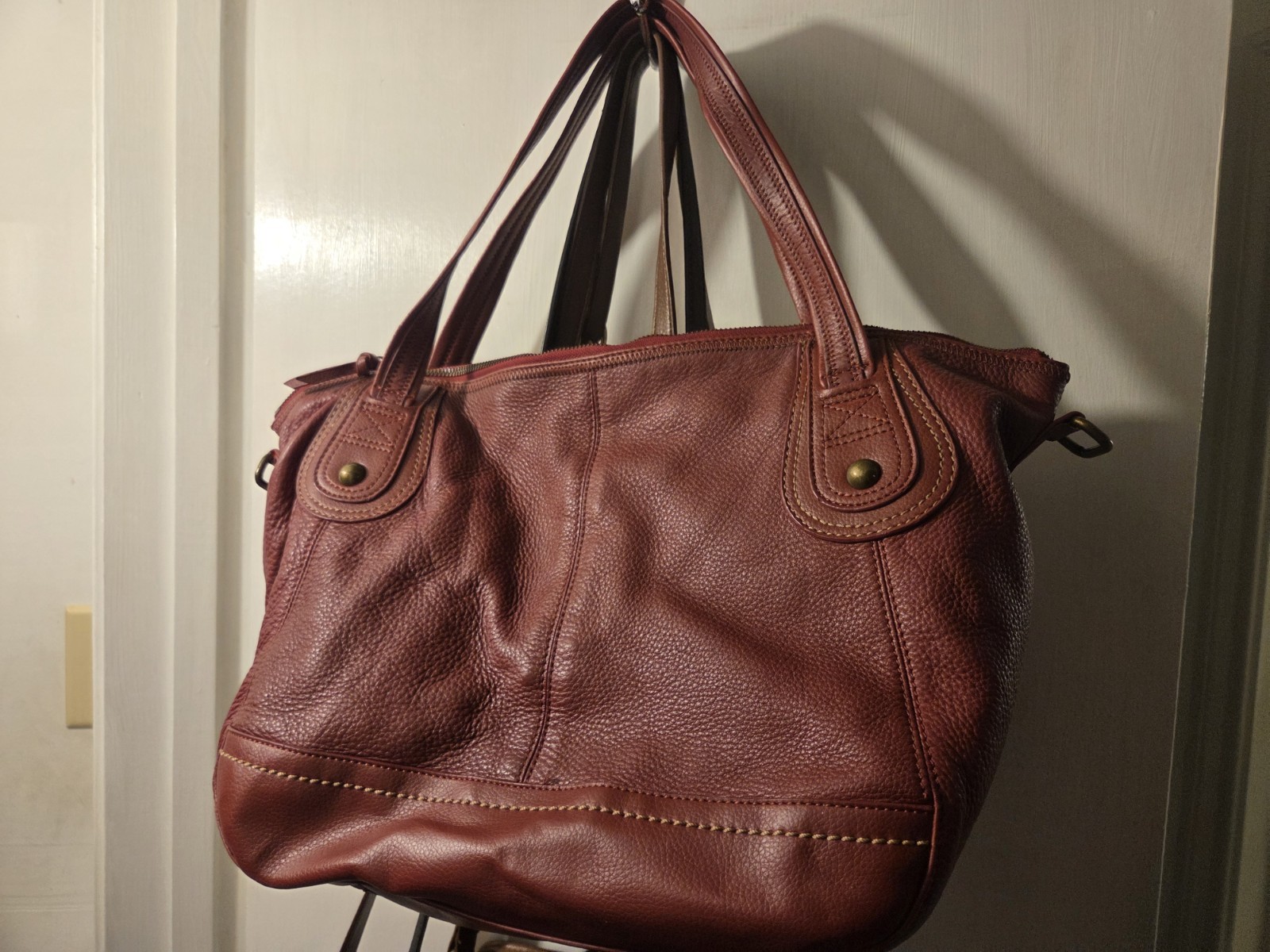 The Sak Burgundy Pebbled Satchel Top Handle Double Handles Zip Inner Pockets
