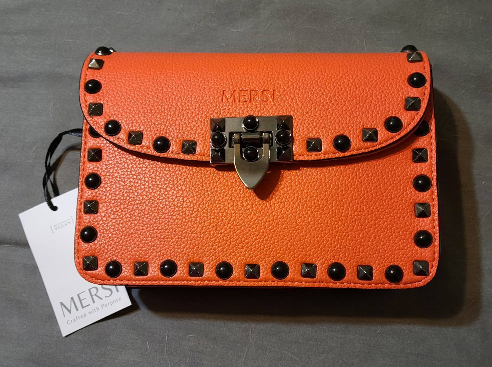 MERSI Orange Pebbled Studded Crossbody Bag Clasp Closure Black HW Dust Bag