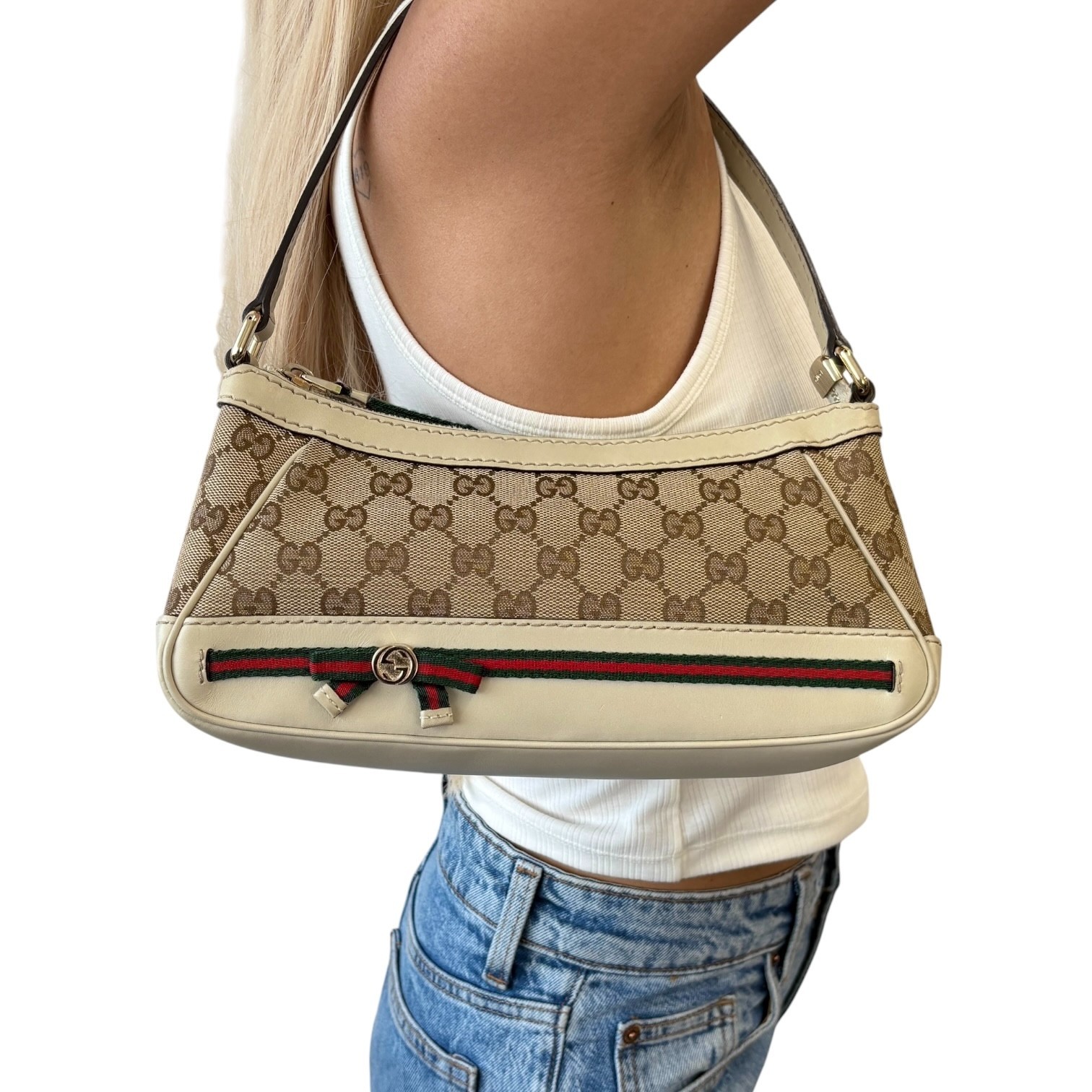 GUCCI Vintage GG Monogram Web Stripe Canvas Shoulder Bag Beige Ribbon 902570