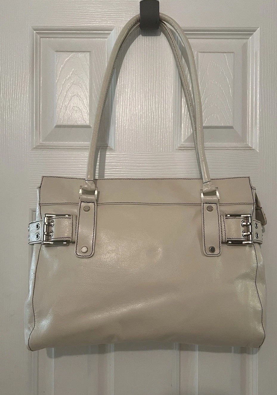 VTG Michael Rome M. Fine Italy Ivory White Leather Shoulder Bag Silver Buckles
