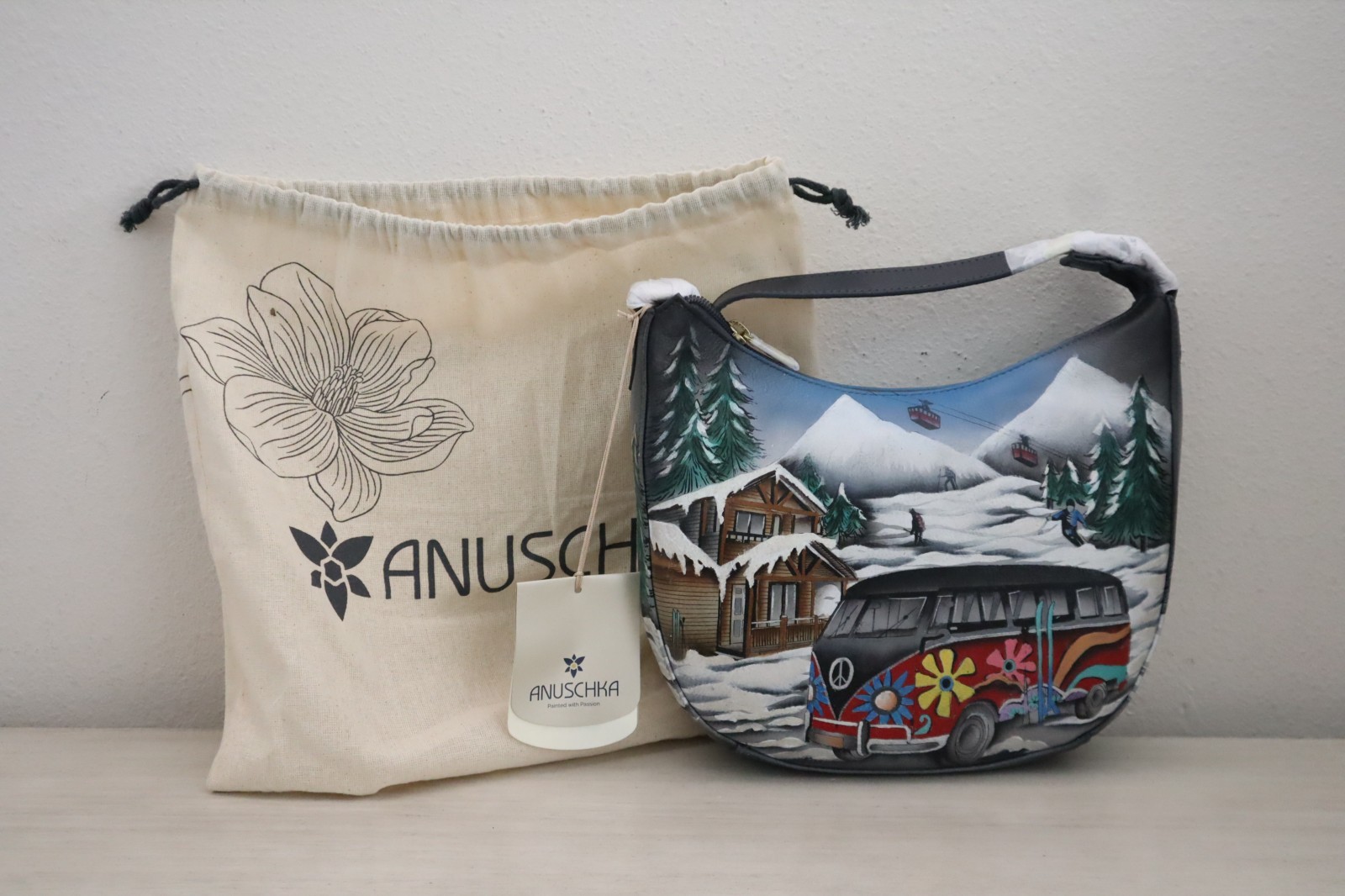 Anuschka 7543-APS Hand Painted Leather -Happy Camper Peace Van Shoulder Hobo Bag