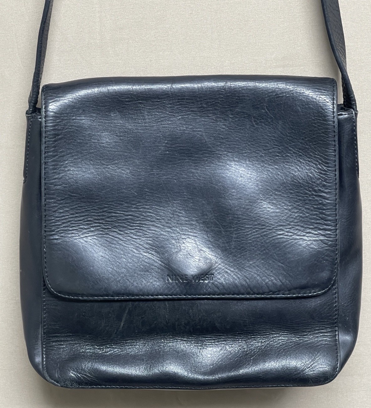 Nine West Black Glaze Genuine Leather Flap Crossbody/Shoulder Bag Handbag Purse