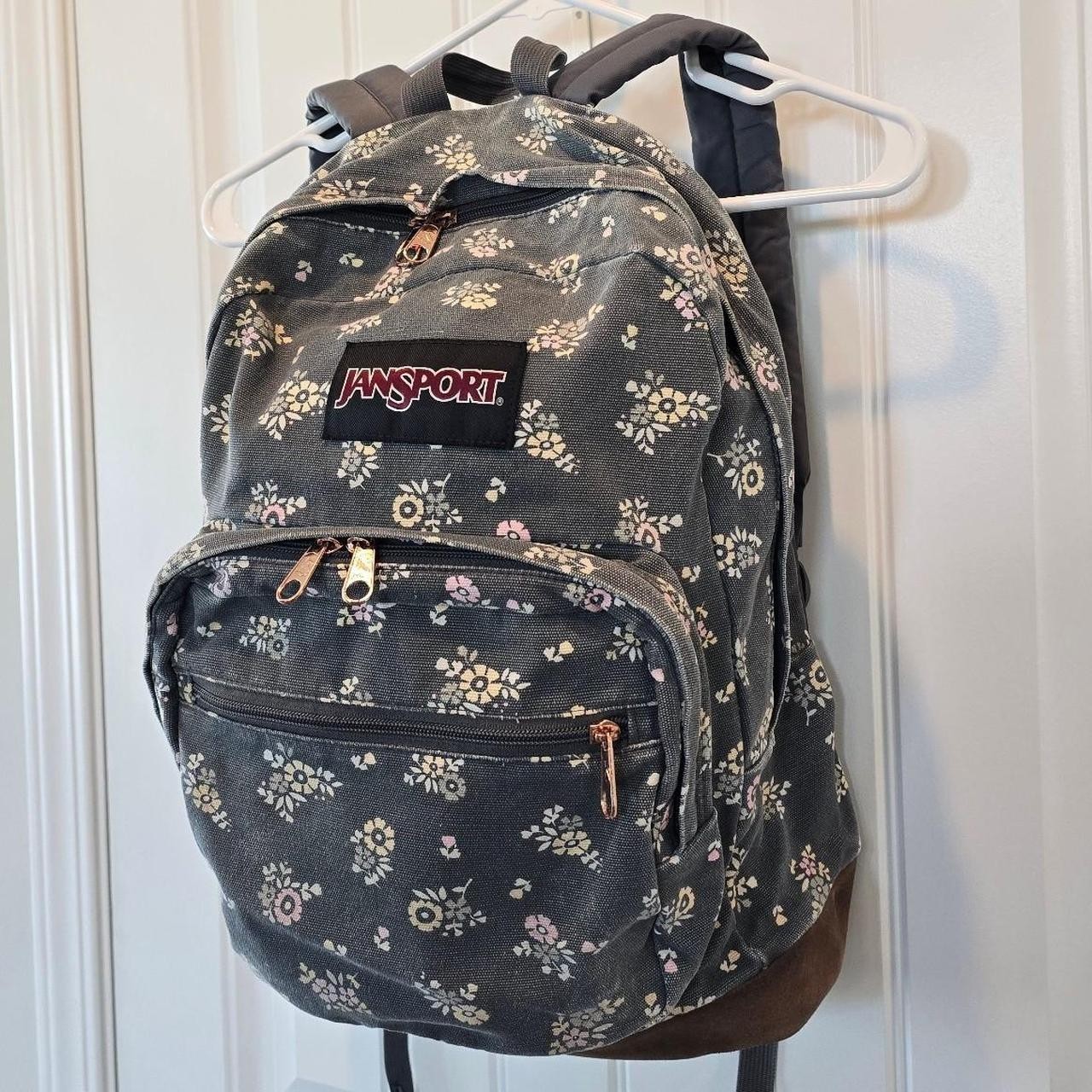 JanSport Floral and Gray Laptop Backpack with Originals Leather Bottom