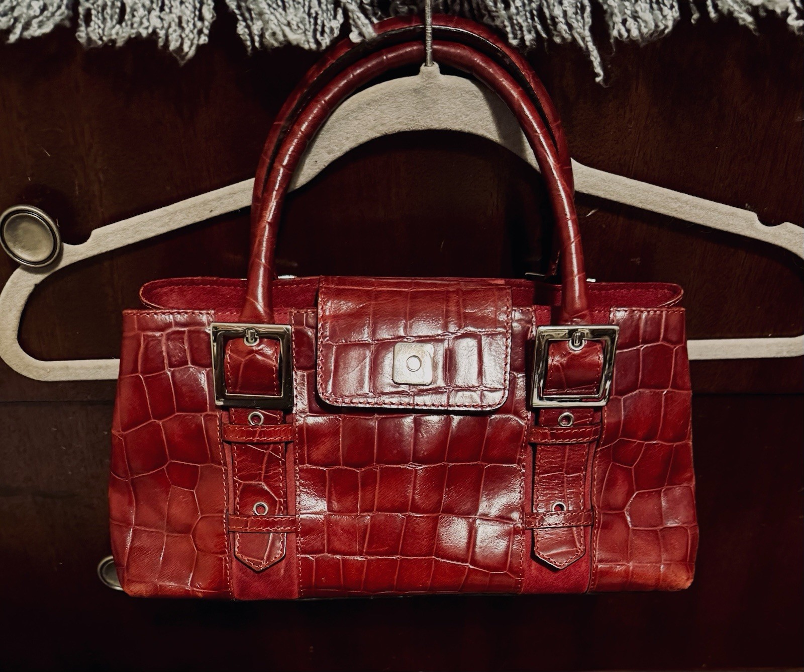 R2K Croc Embossed Burgundy Leather Satchel Handle Buckle Accent