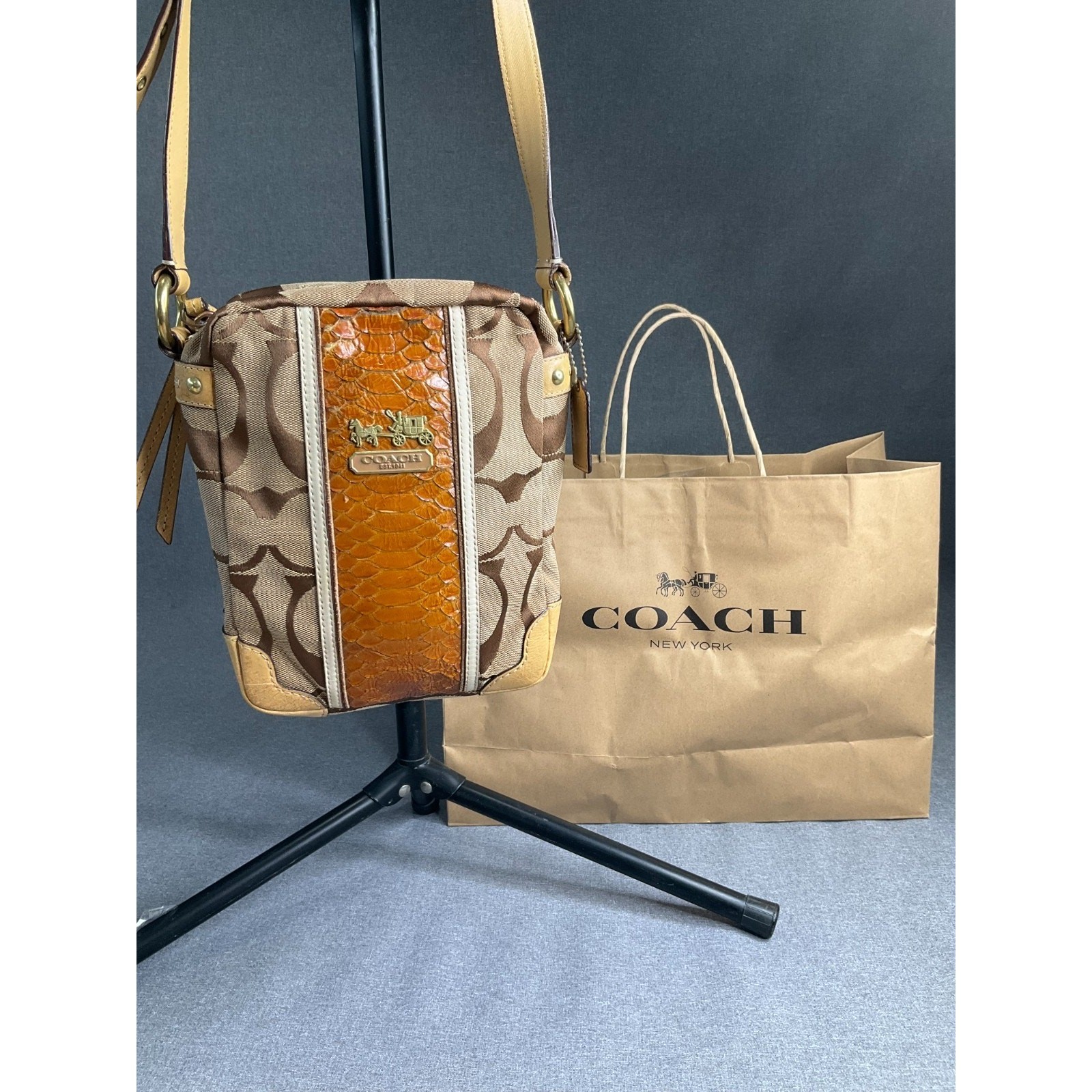 Vintage Coach 12471 Python Print Beige Orange Canvas Leather Shoulder Bag Auth