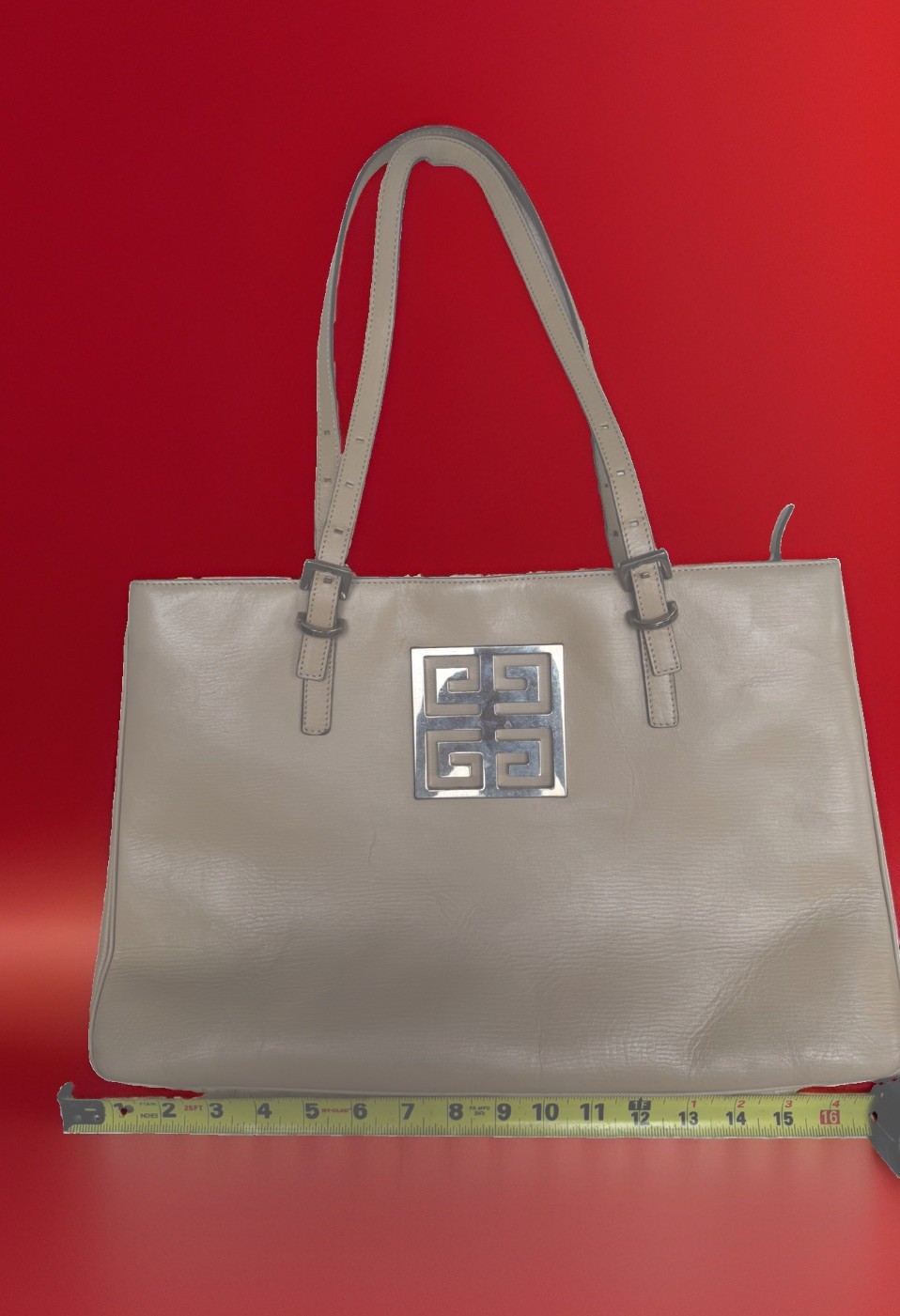 Givenchy | Silver Logo Triple Compartment Beige Leather Shoulder Tote Bag