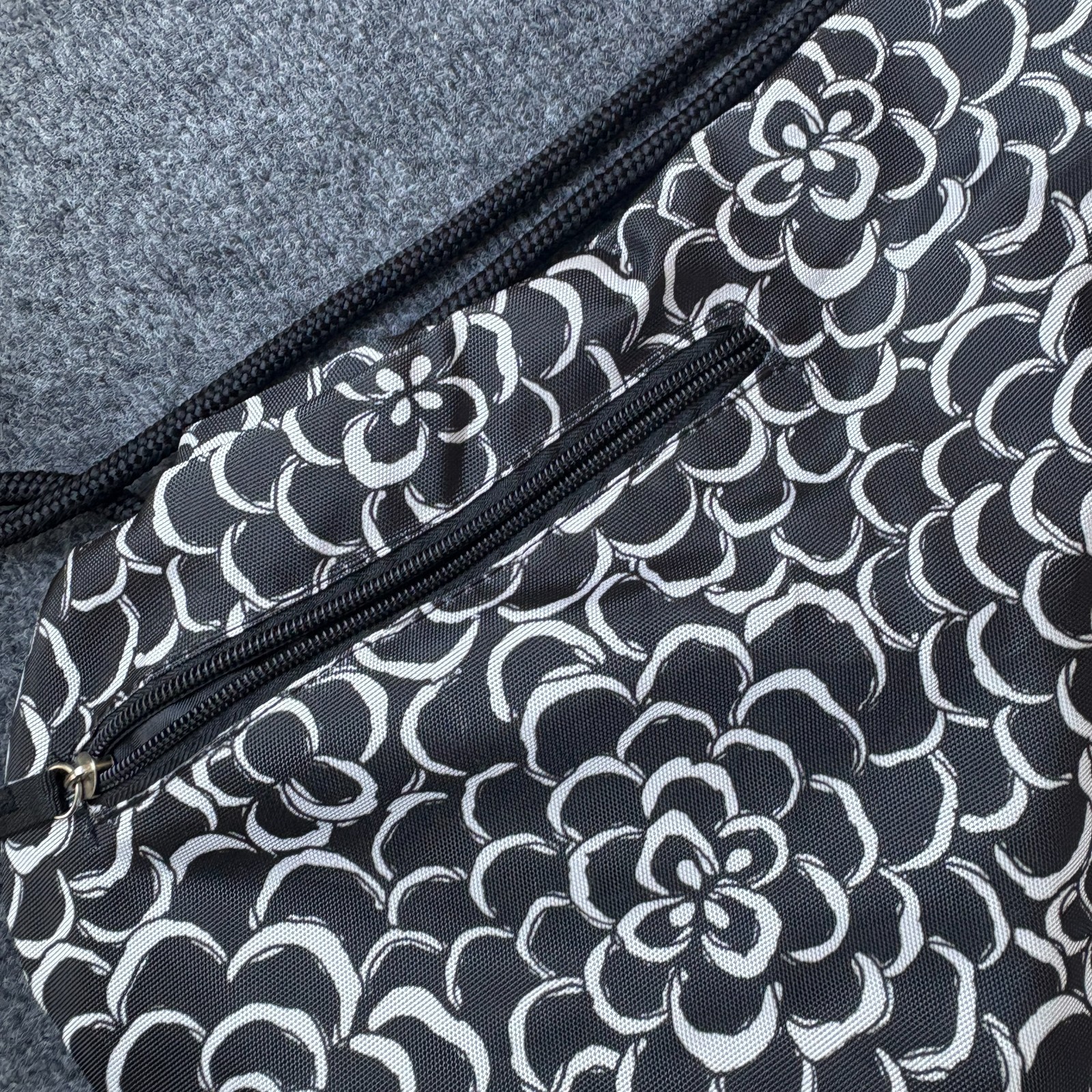 Mixed Bag Designs Drawstring Backpack Black White Floral Zipper Pockets Travel