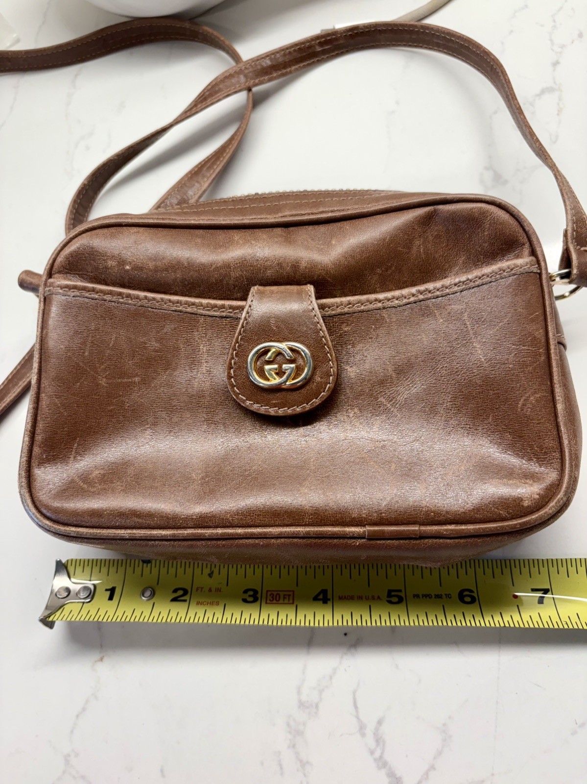 Vintage 1970’s Gucci Rich Brown Distressed Leather Small Crossbody Bag Italy