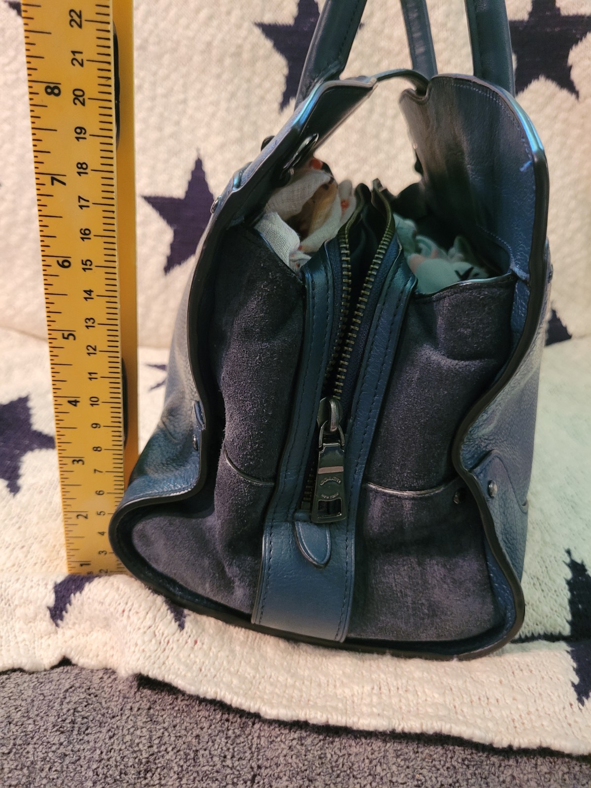 Coach Blue green Pebbled small Satchel Top Handle Zip Turn Lock Floral Charm