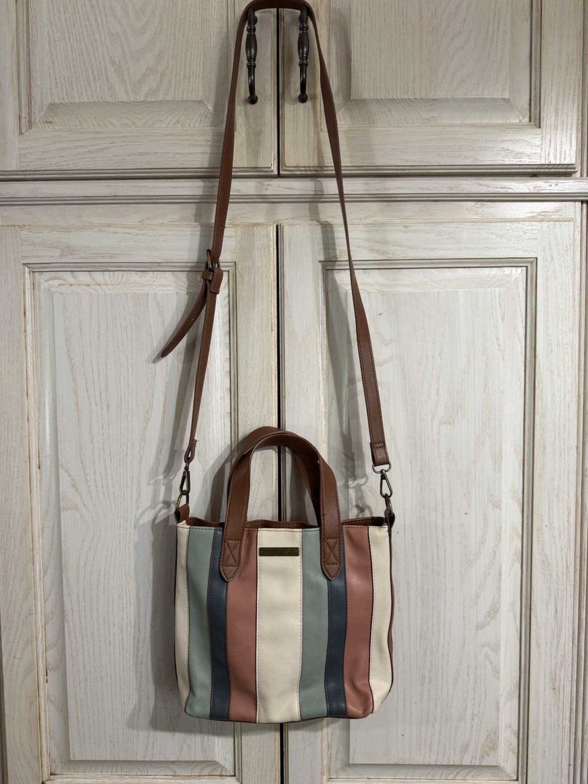 Frye & Co Pink Brown Teal Stripe Mini Shopper Tote Bag Purse Top Handle Shoulder