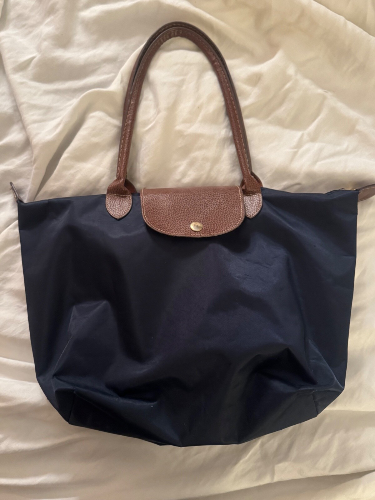 Le Pliage-inspired astral blue nylon tote 12”medium packable long handles used